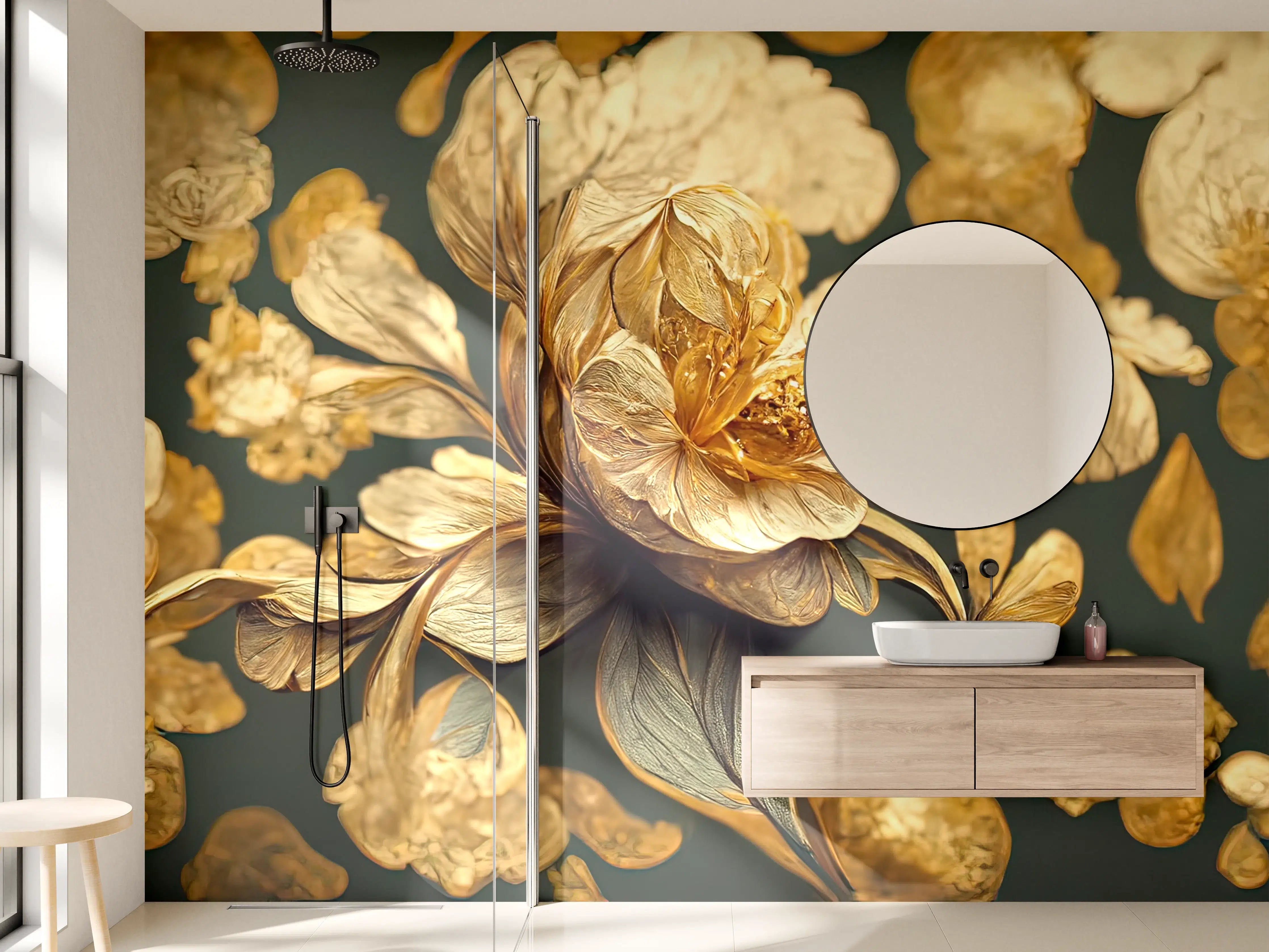 Wandverkleidung Bad - Goldene Blütenmalerei auf dunklem Hintergrund