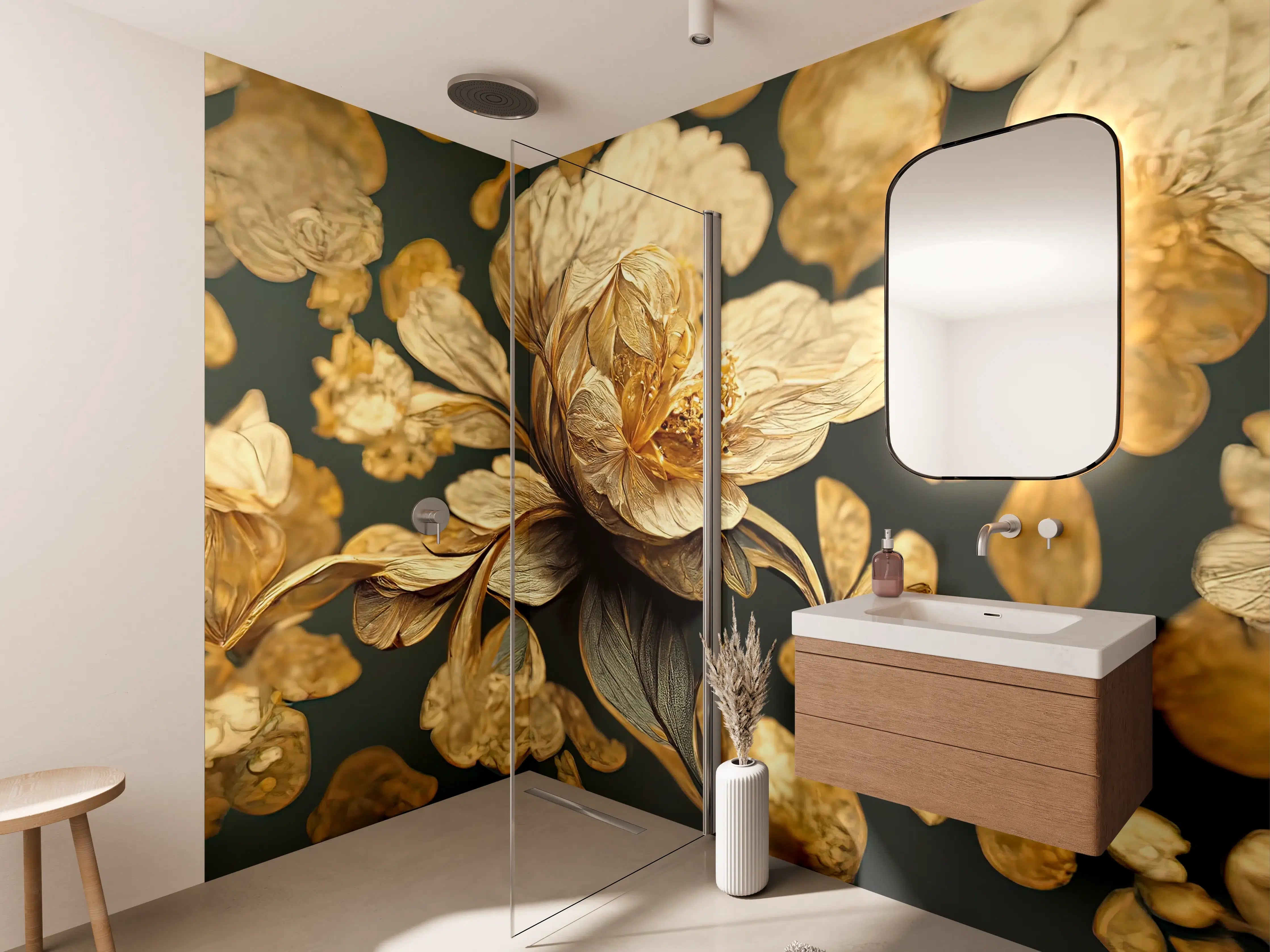 Wandverkleidung Bad - Goldene Blütenmalerei auf dunklem Hintergrund