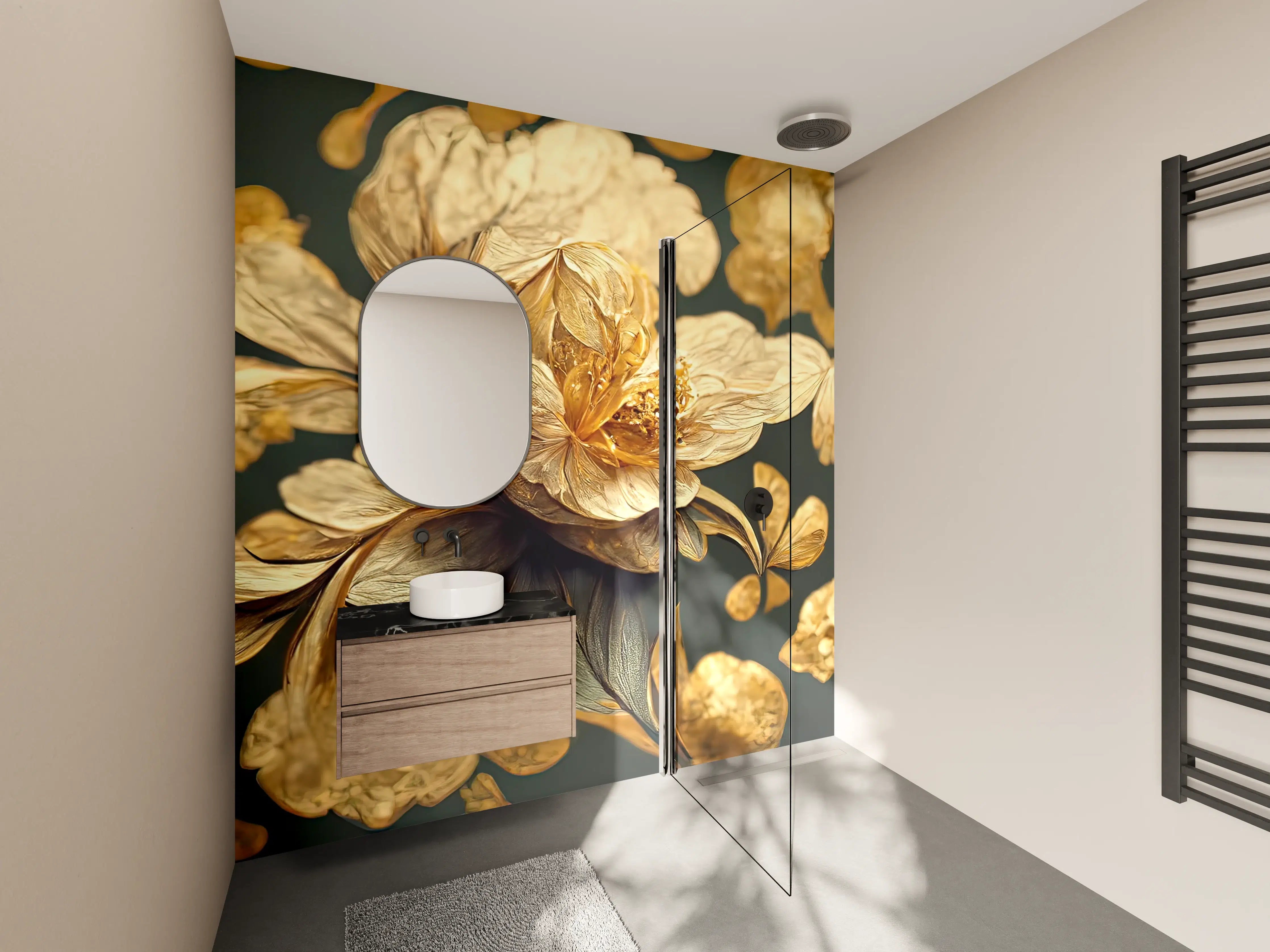 Wandverkleidung Bad - Goldene Blütenmalerei auf dunklem Hintergrund