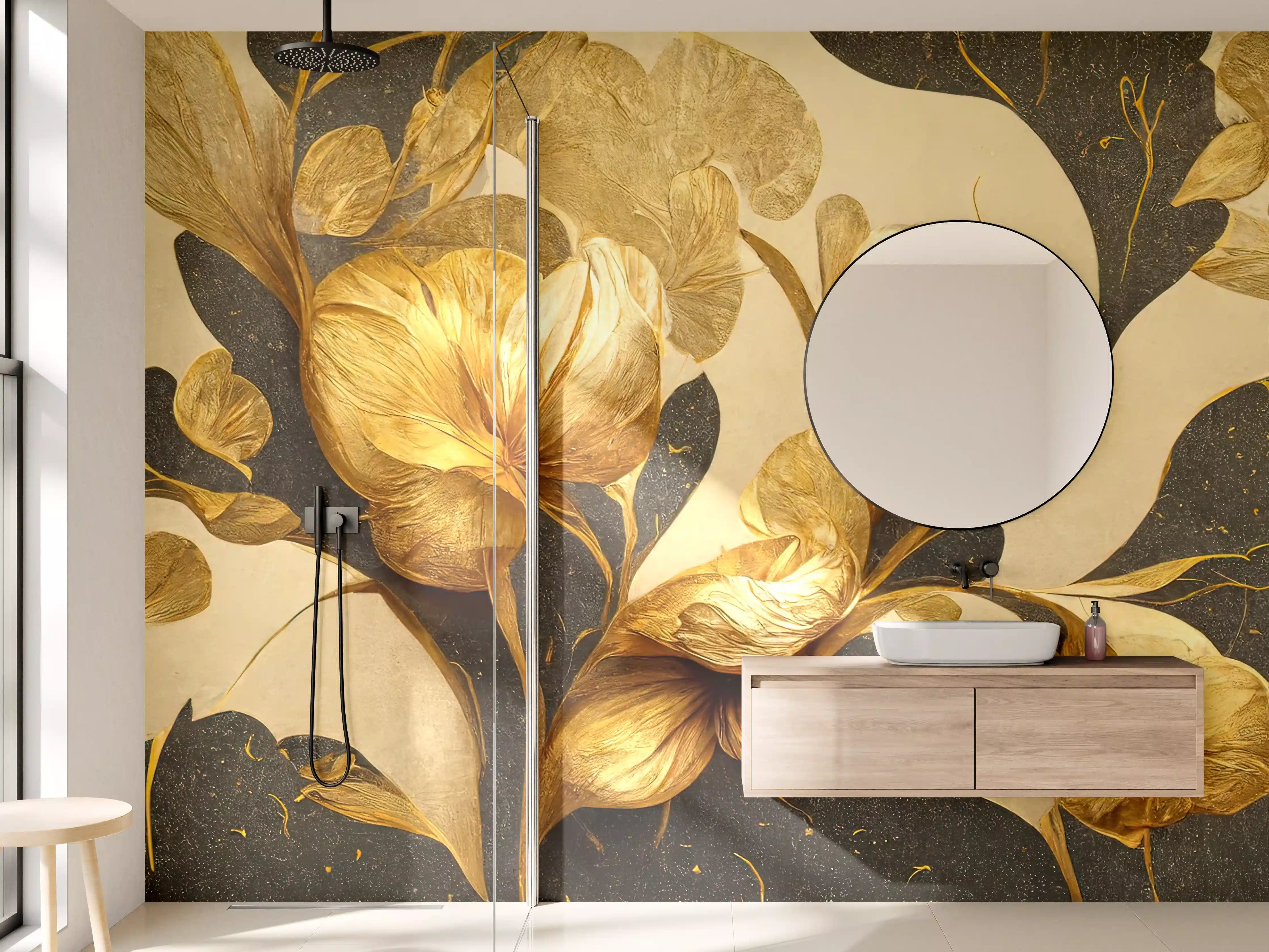 Wandverkleidung Bad - Goldene Blumen mit dunklem Hintergrund