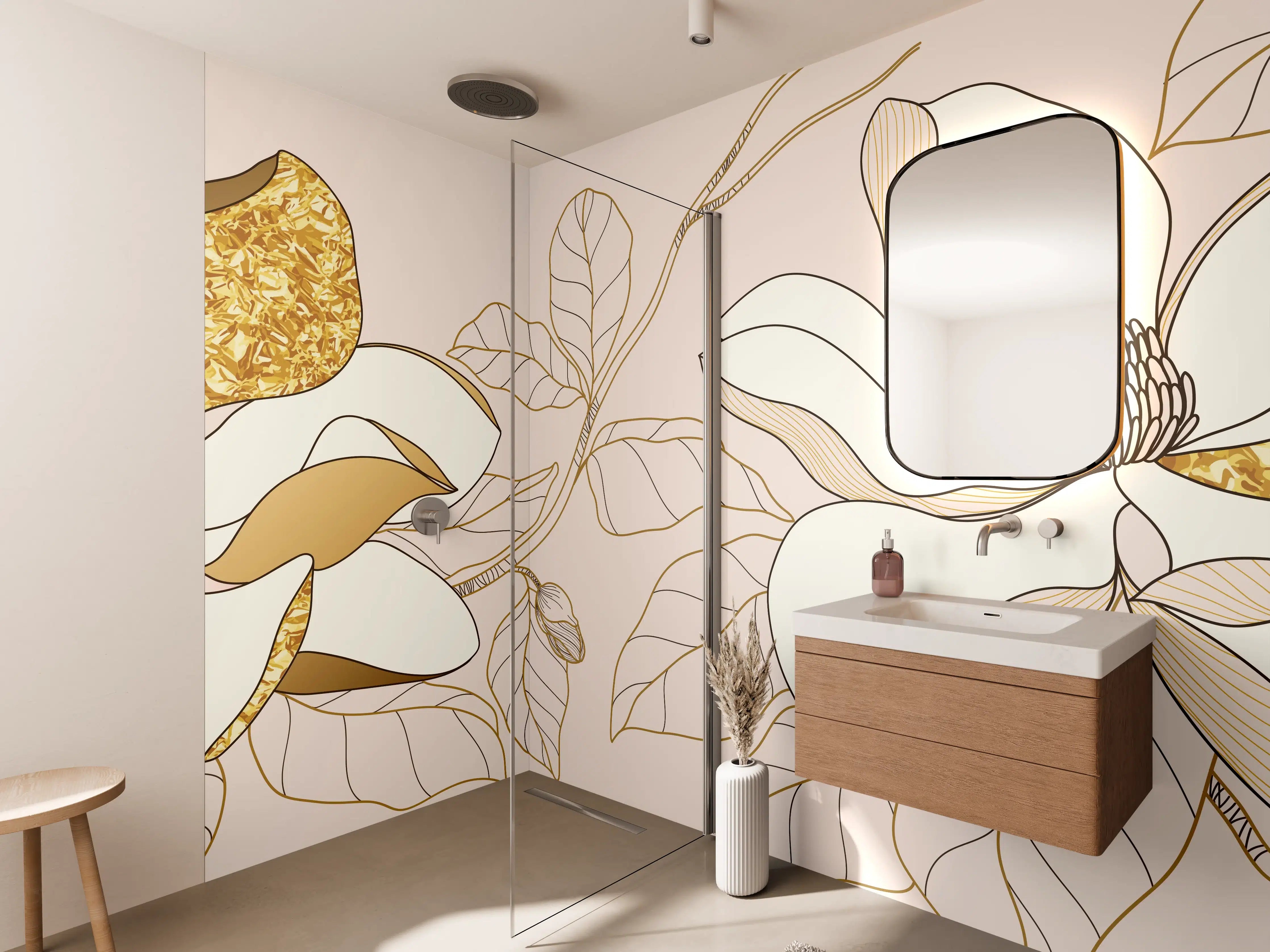 Wandverkleidung Bad - Goldene Blumenmuster Illustration