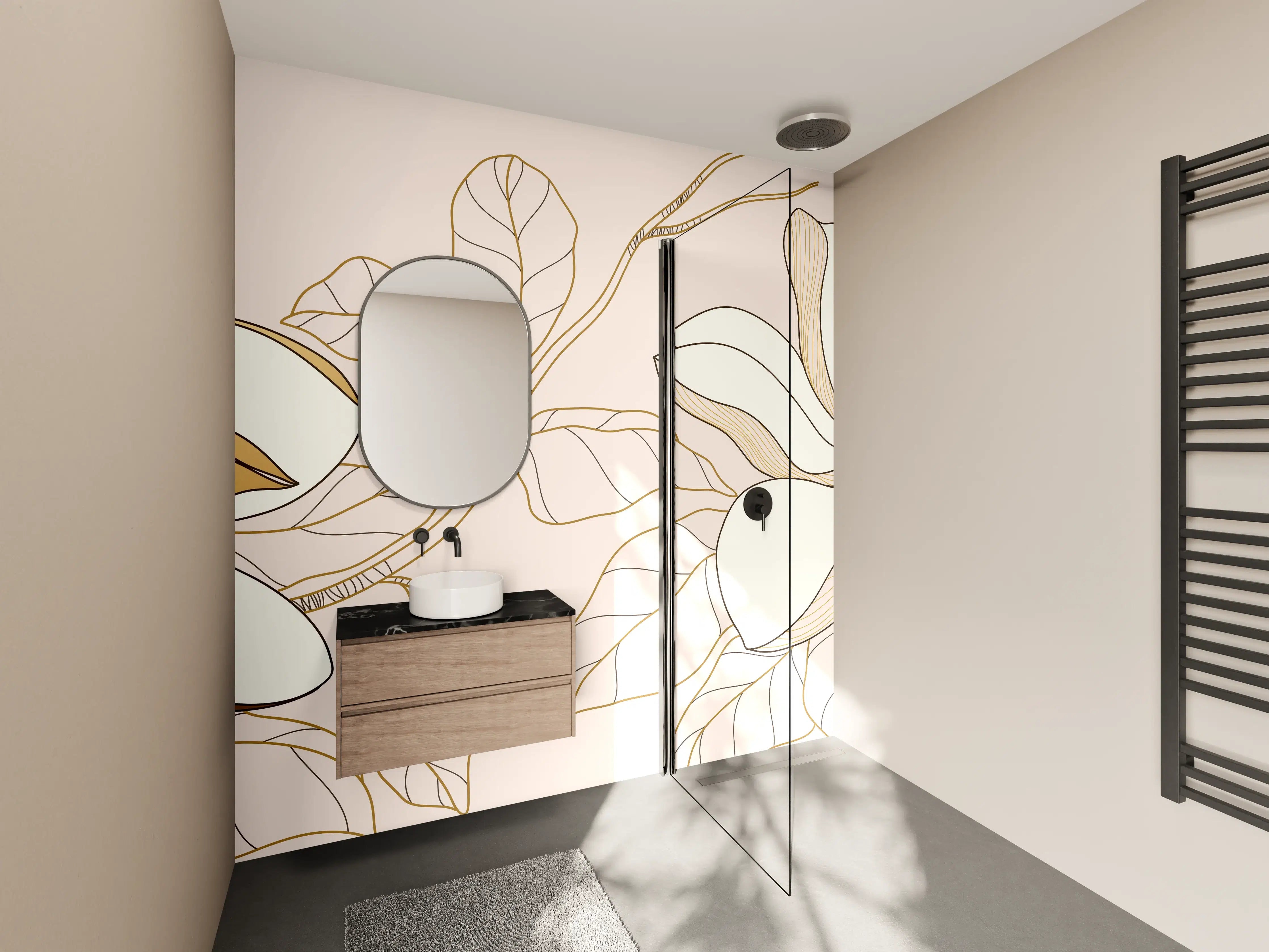 Wandverkleidung Bad - Goldene Blumenmuster Illustration