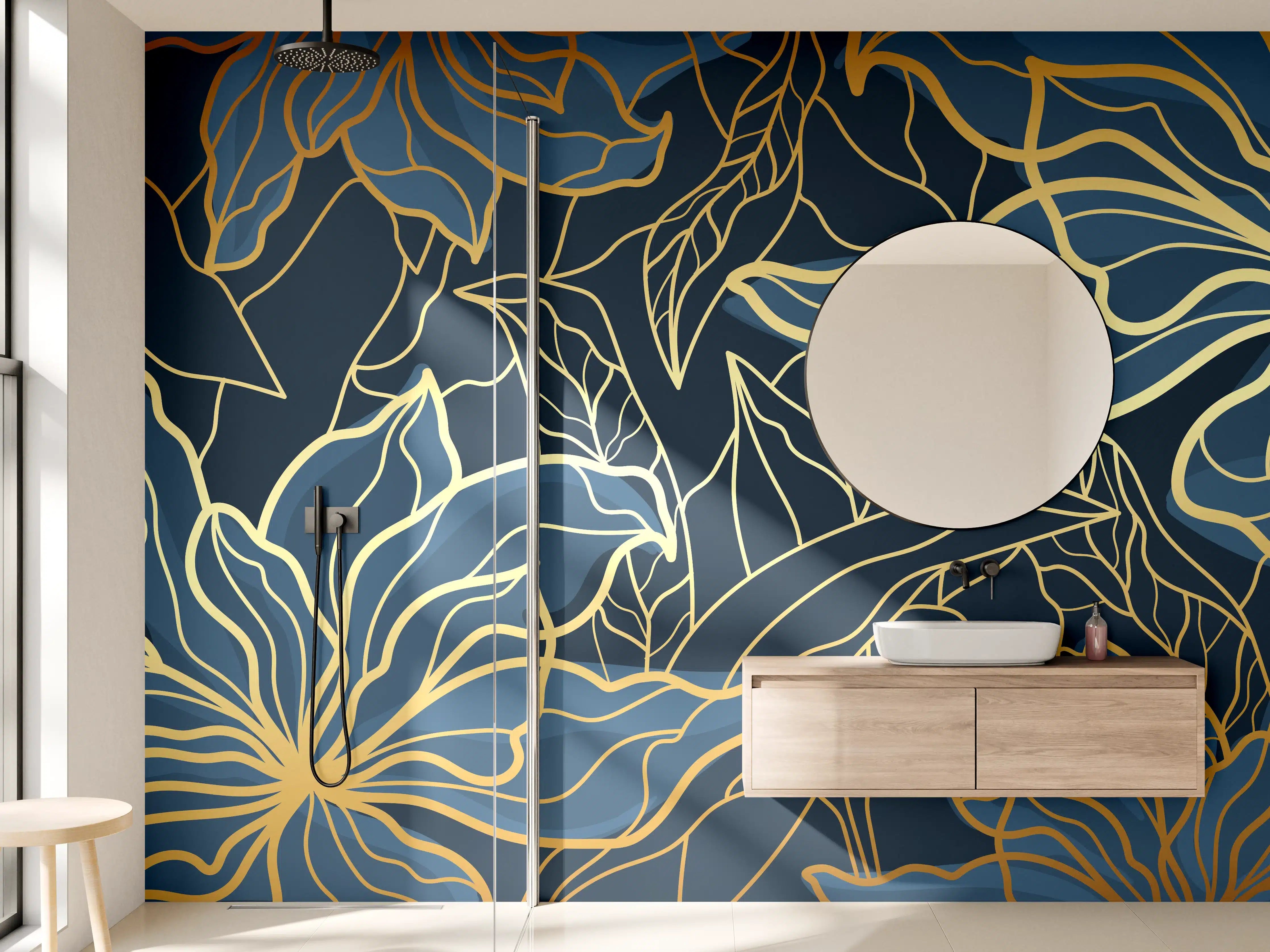 Wandverkleidung Bad - Goldene Blumenranken auf Dunkelblau