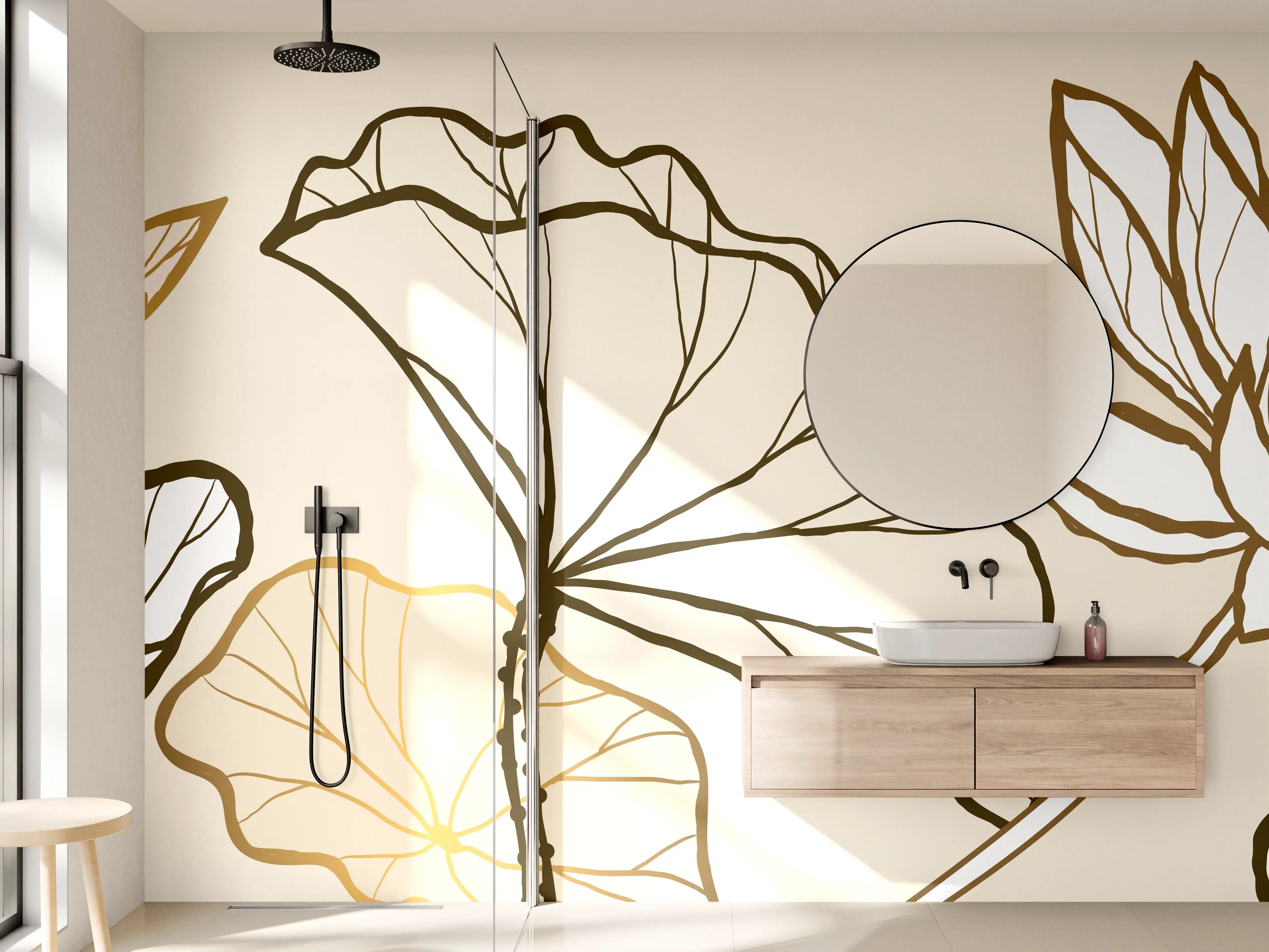 Wandverkleidung Bad - Goldene Botanik Lineart Illustration