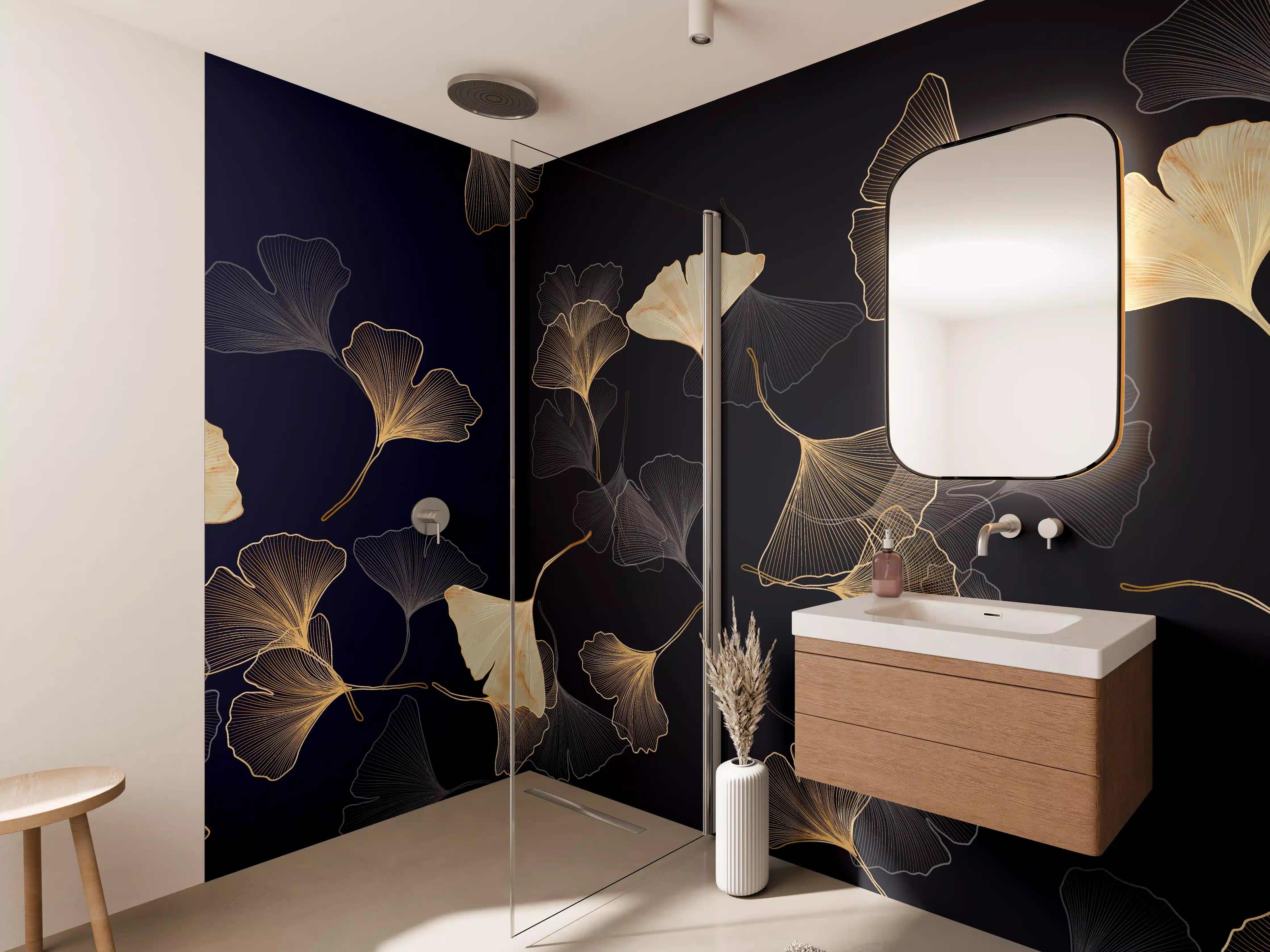 Wandverkleidung Bad - Goldene Ginkgo Blatt Design Tapete