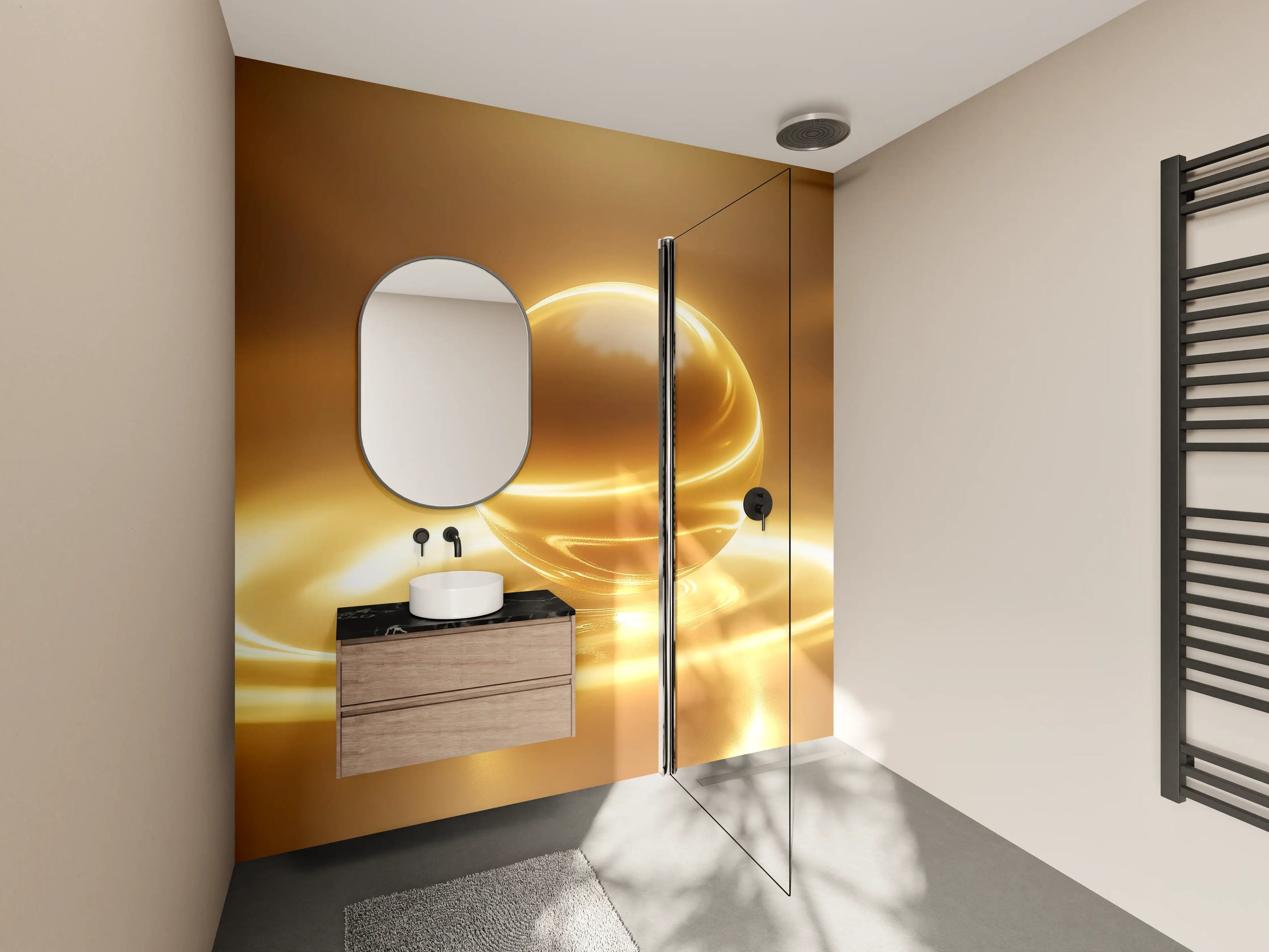 Wandverkleidung Bad - Goldene Kugel auf Wasser mit Lichteffekten