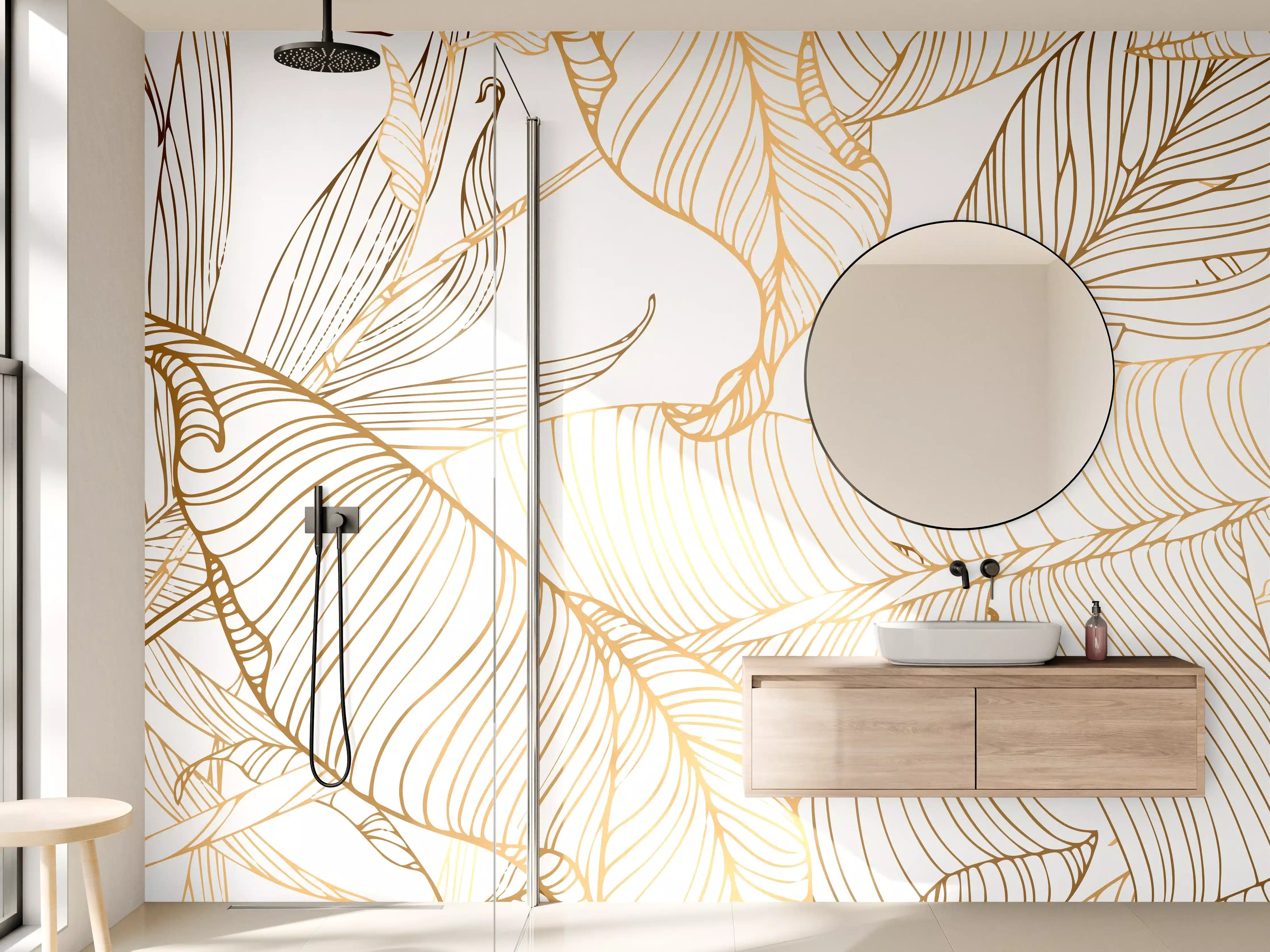 Wandverkleidung Bad - Goldene Lineart Blattmuster Kunst