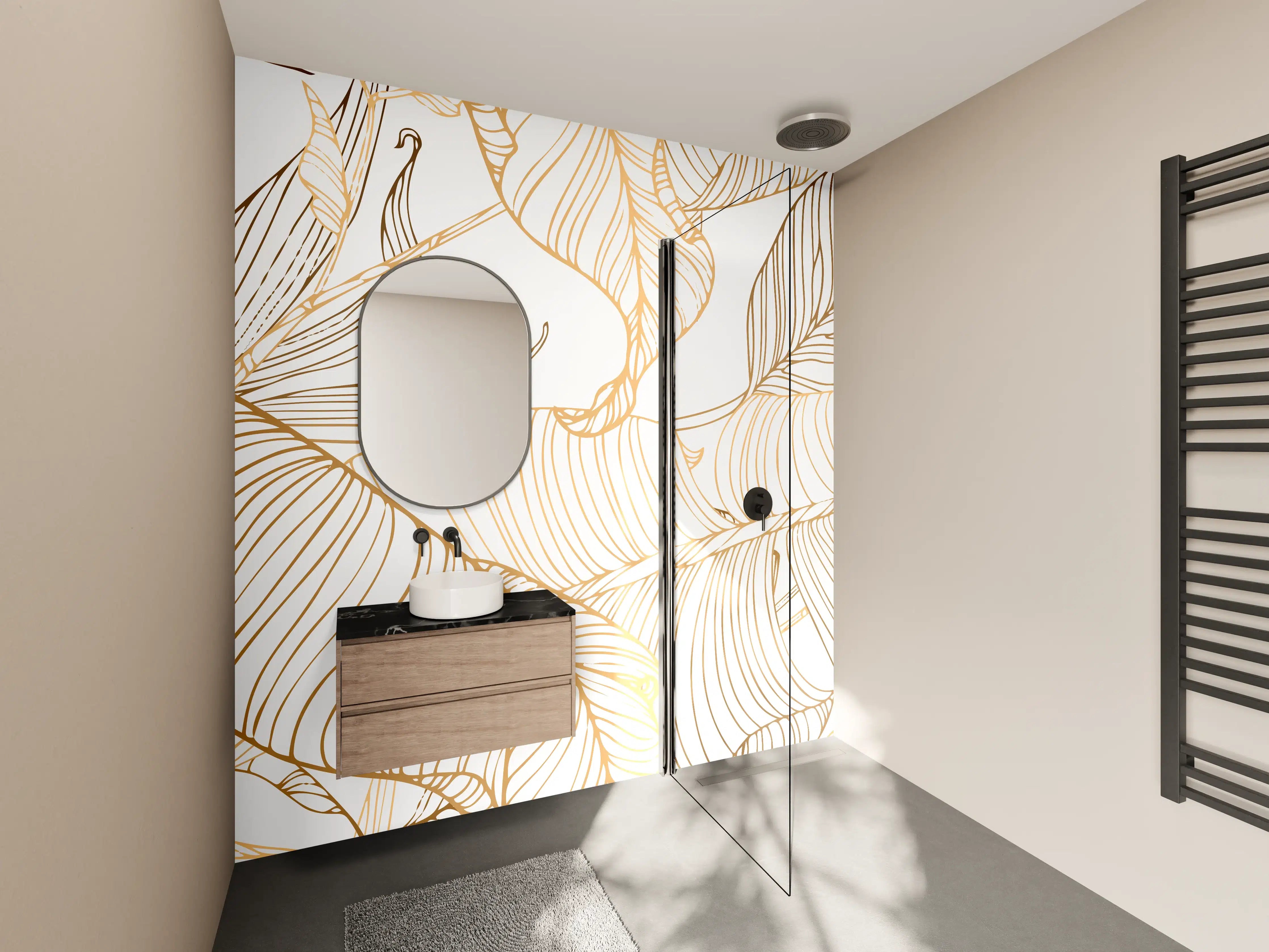 Wandverkleidung Bad - Goldene Lineart Blattmuster Kunst