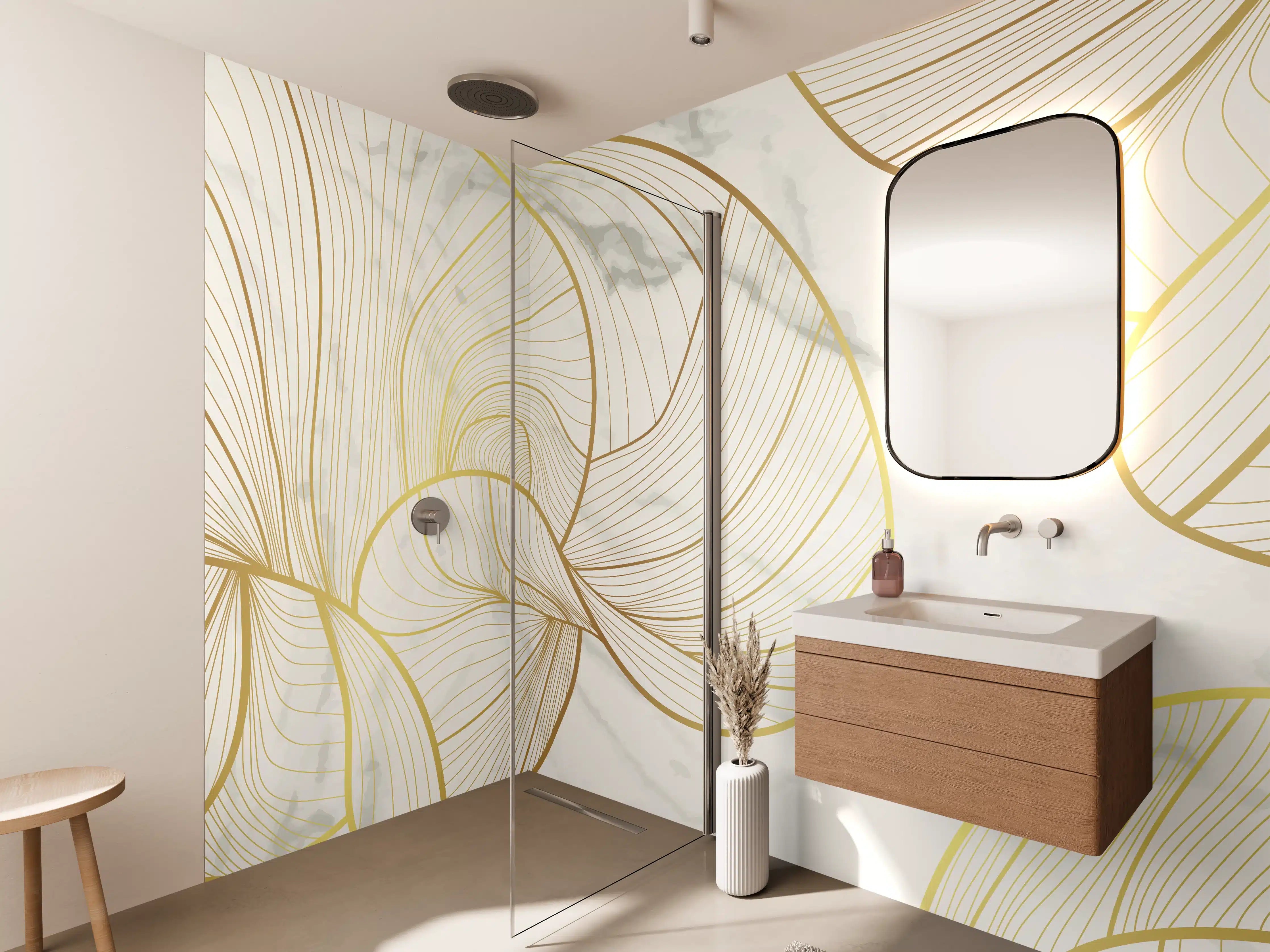 Wandverkleidung Bad - Goldene Linien auf Marmor