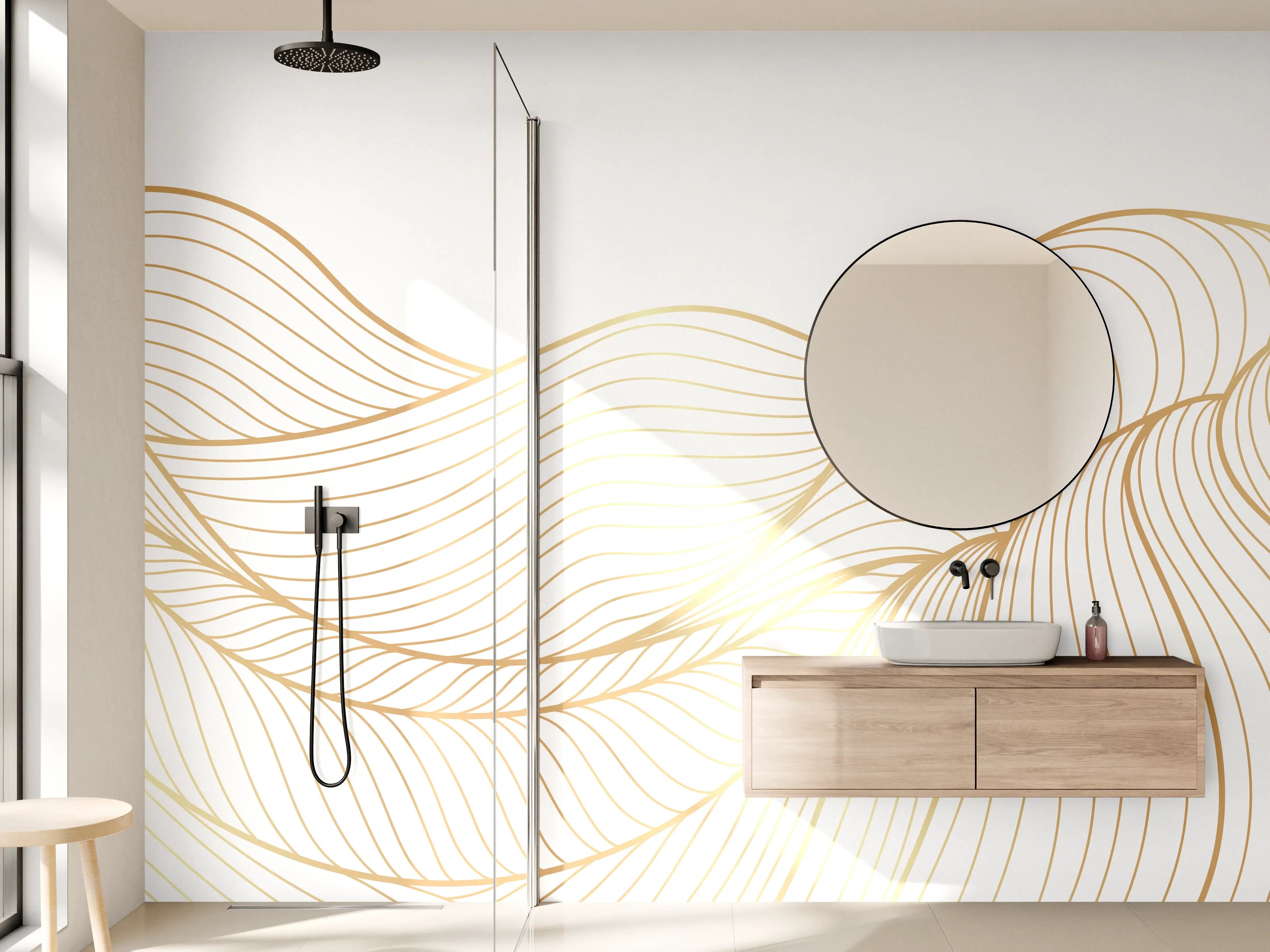 Wandverkleidung Bad - Goldene Linien auf weißem Hintergrund