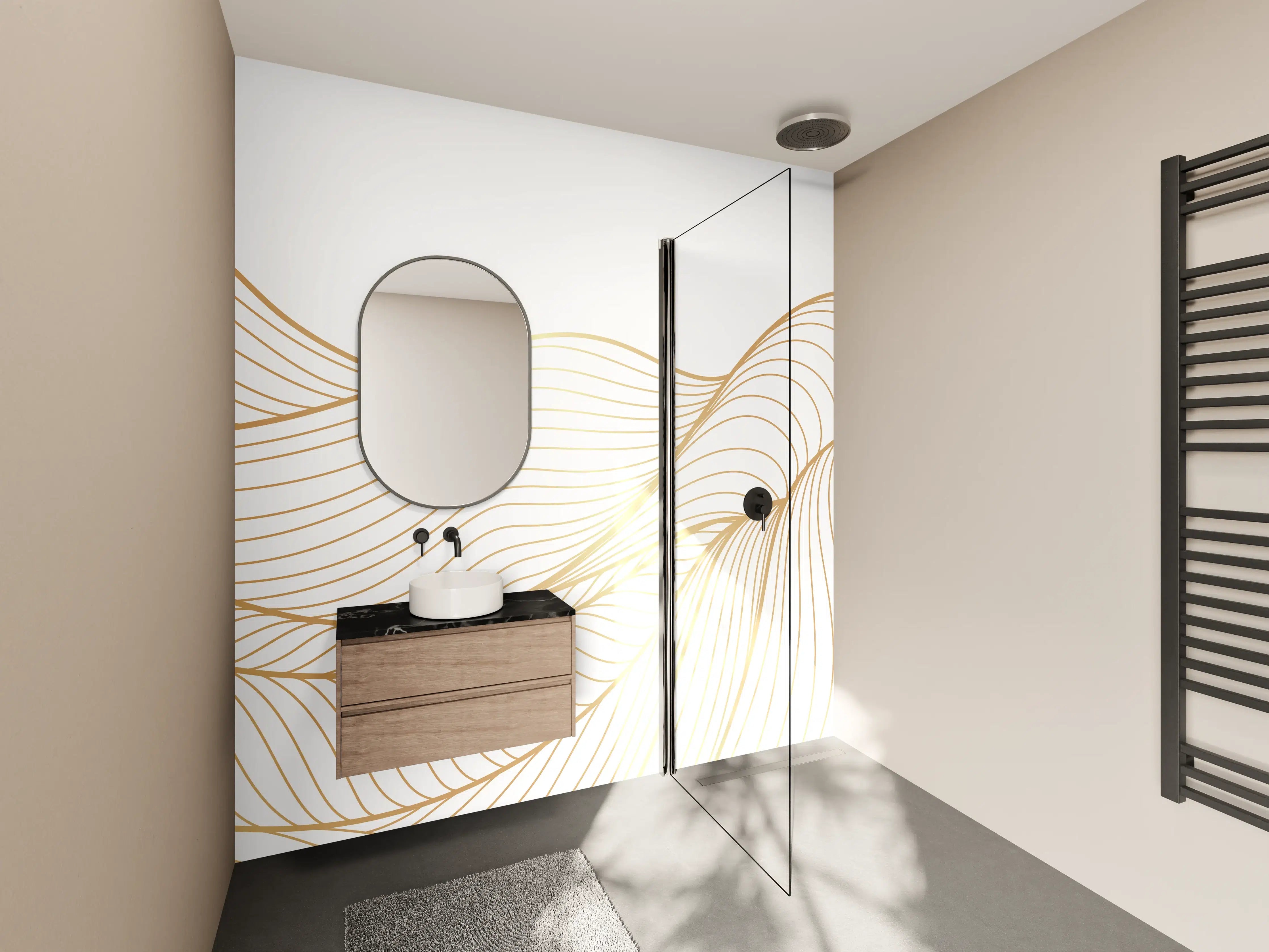 Wandverkleidung Bad - Goldene Linien auf weißem Hintergrund