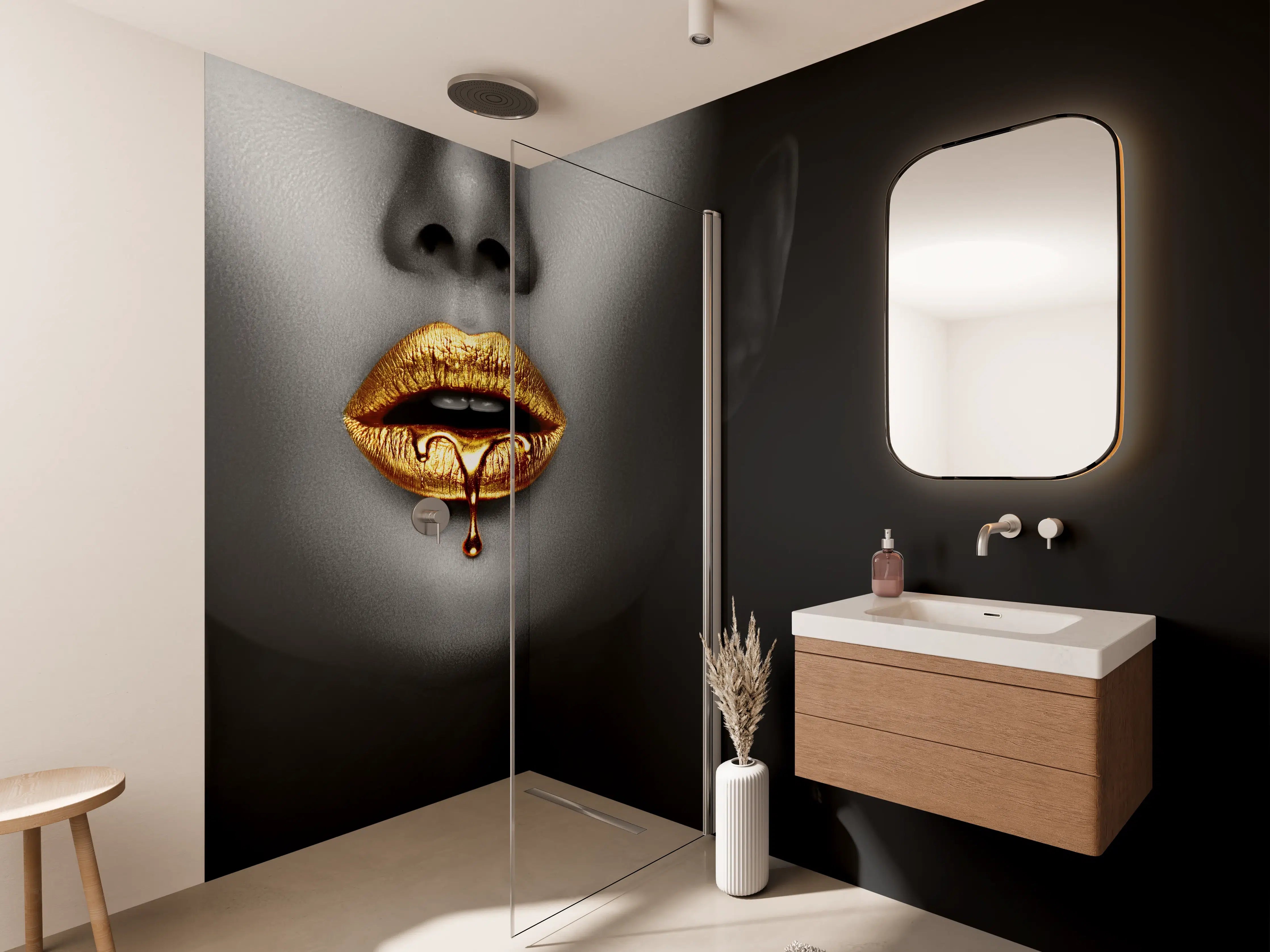 Wandverkleidung Bad - Goldene Lippen Liquid Art