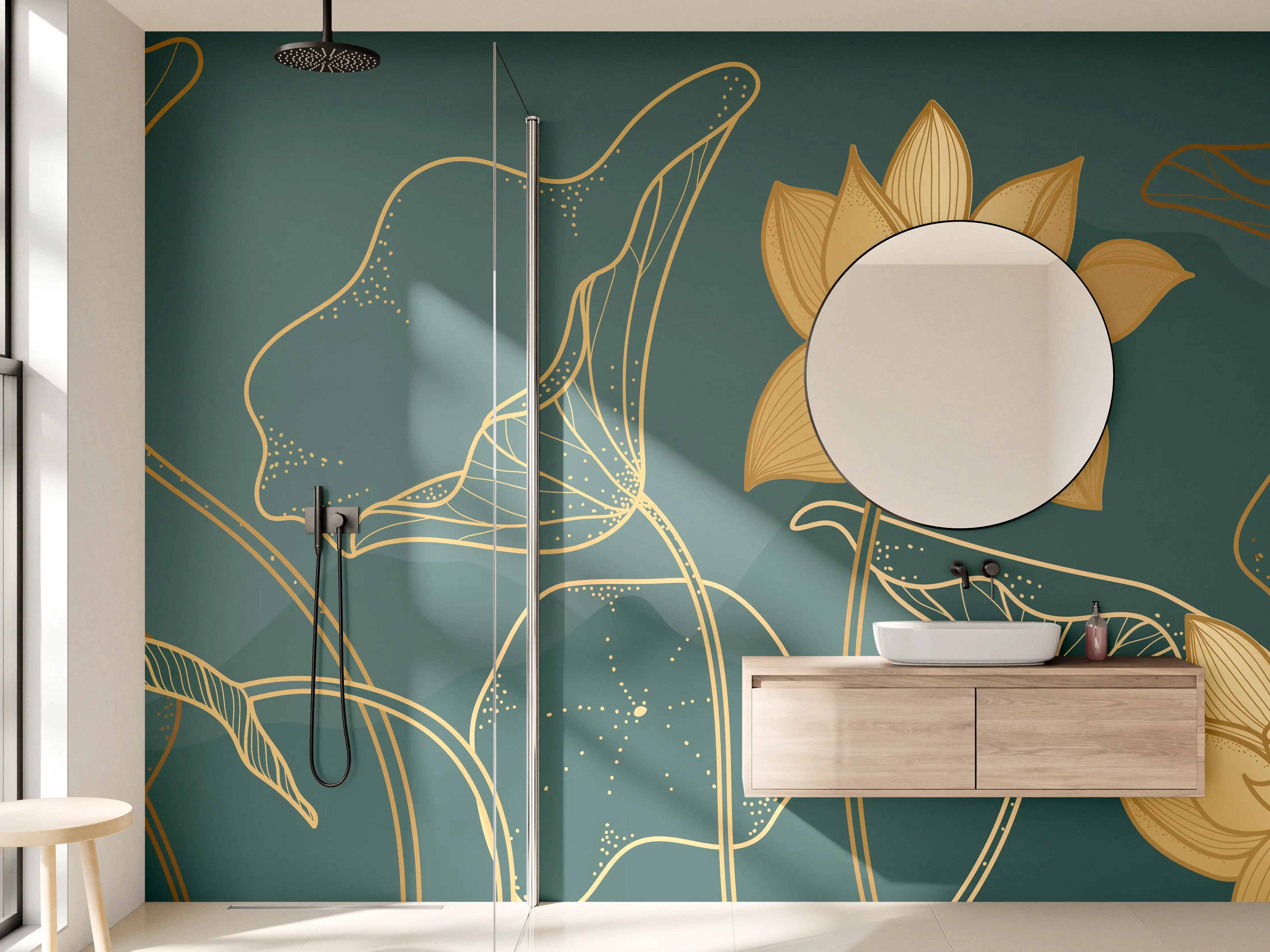 Wandverkleidung Bad - Goldene Lotus Linienzeichnung