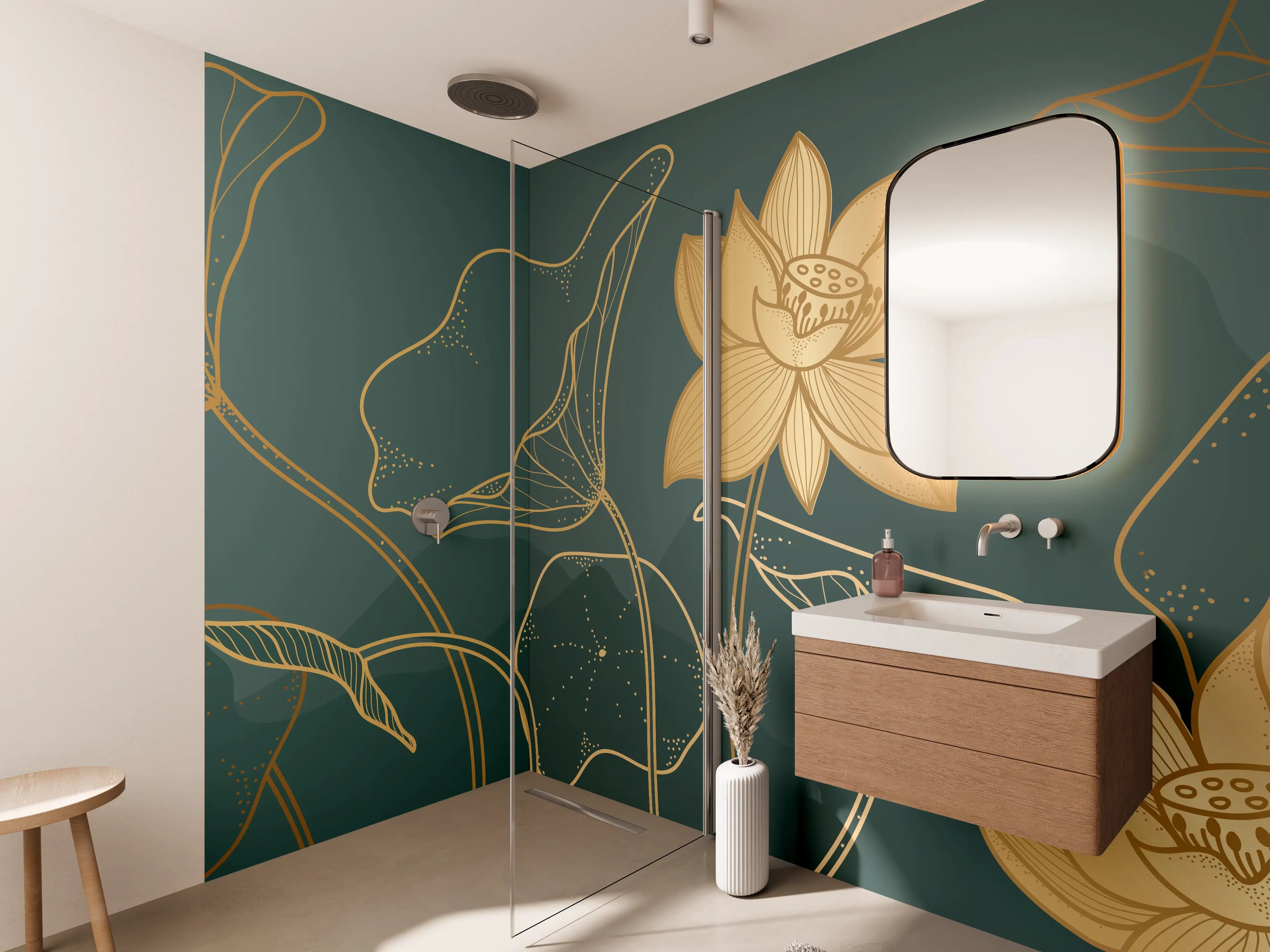 Wandverkleidung Bad - Goldene Lotus Linienzeichnung