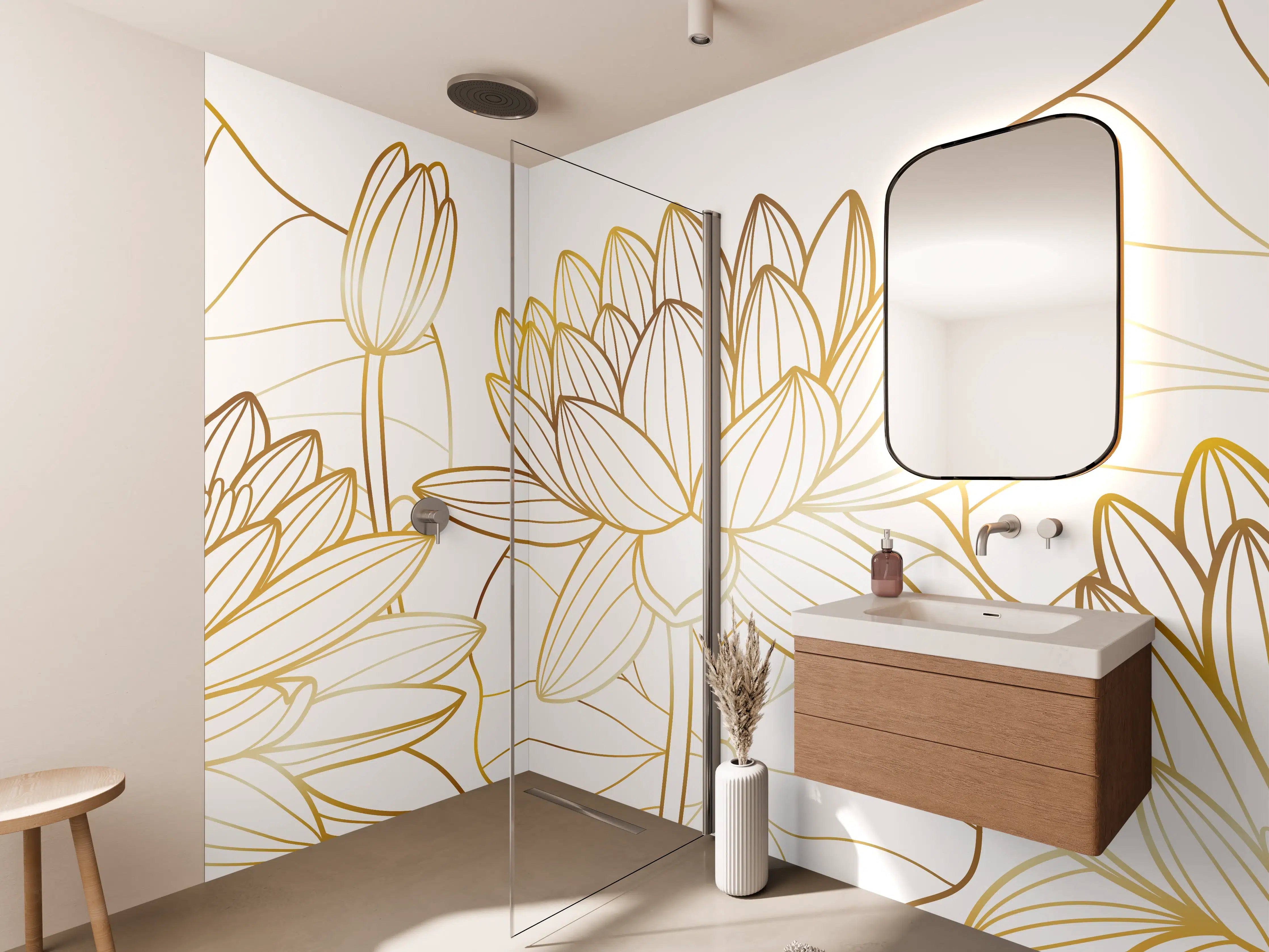 Wandverkleidung Bad - Goldene Lotusblüte Zeichnung