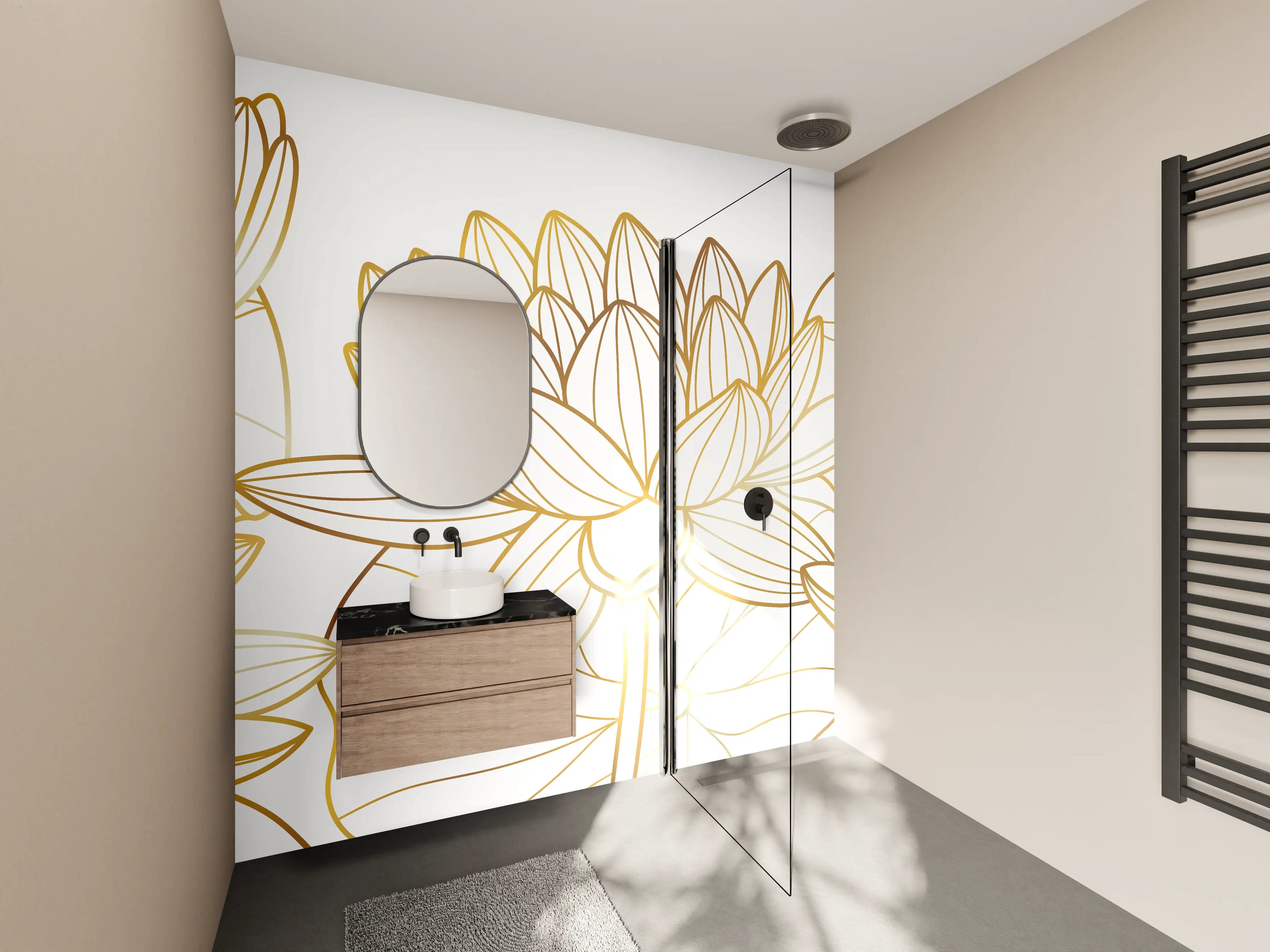 Wandverkleidung Bad - Goldene Lotusblüte Zeichnung