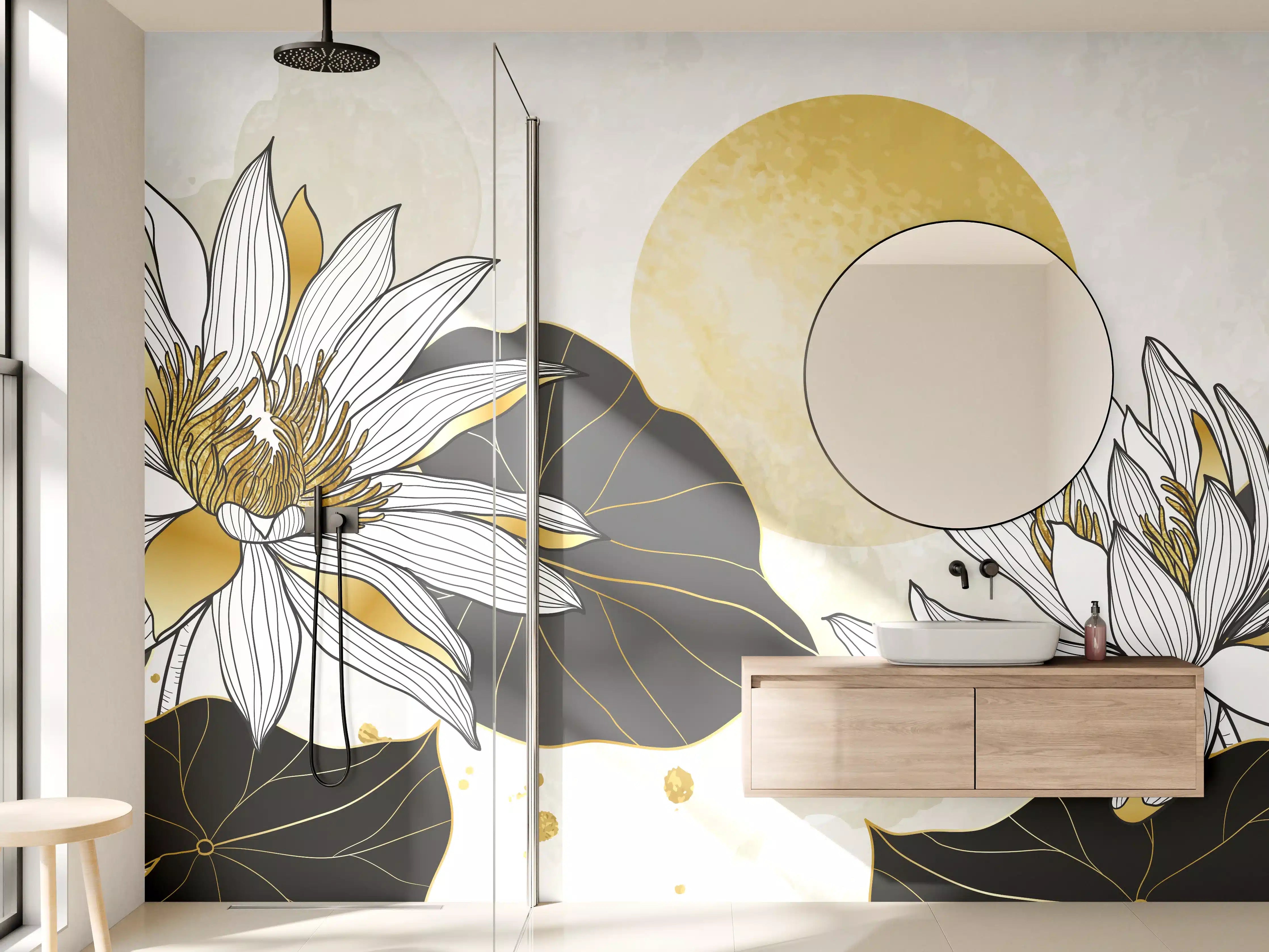 Wandverkleidung Bad - Goldene Lotusblüten Illustration