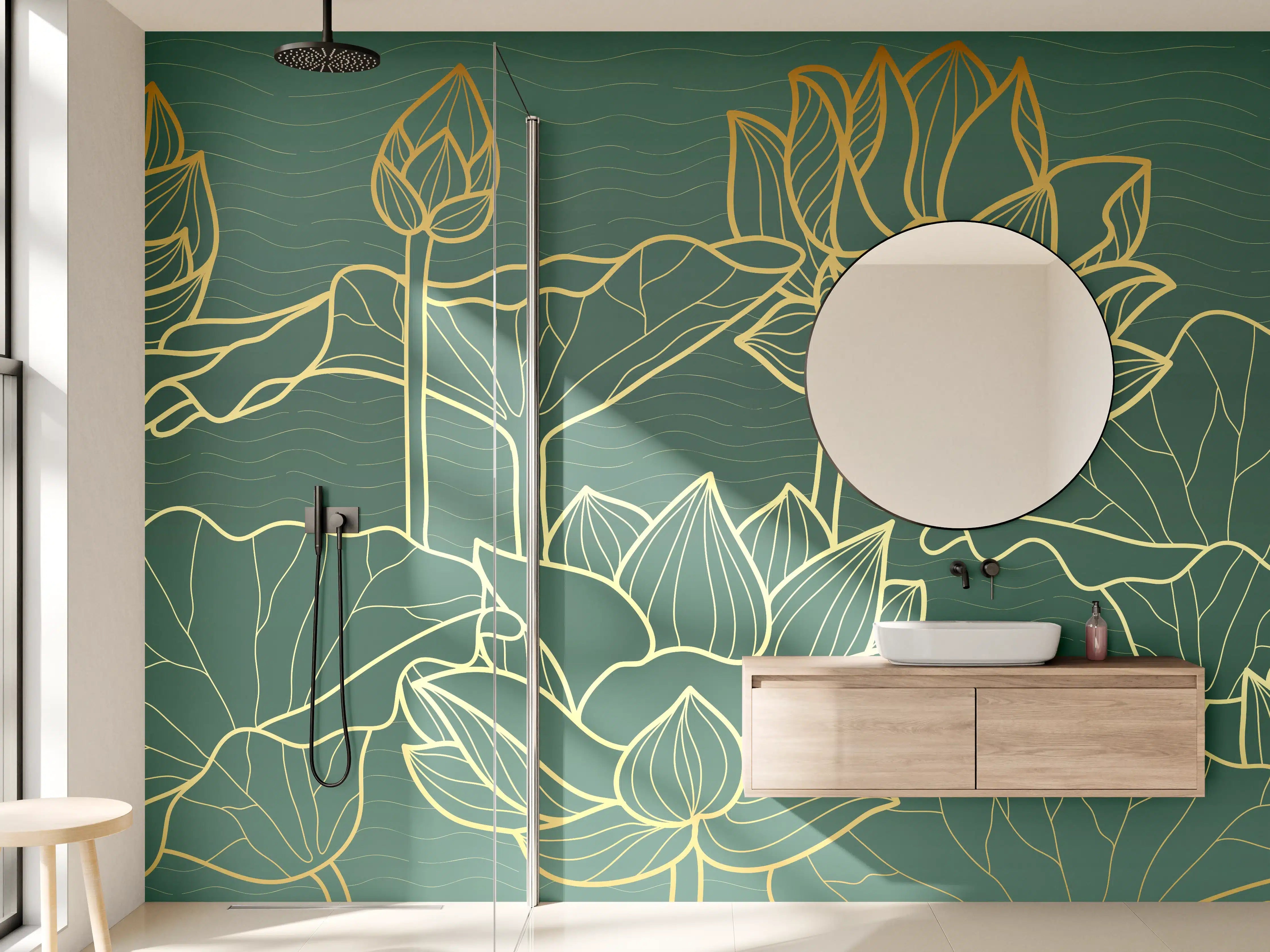Wandverkleidung Bad - Goldene Lotusblumen Kunstwerk