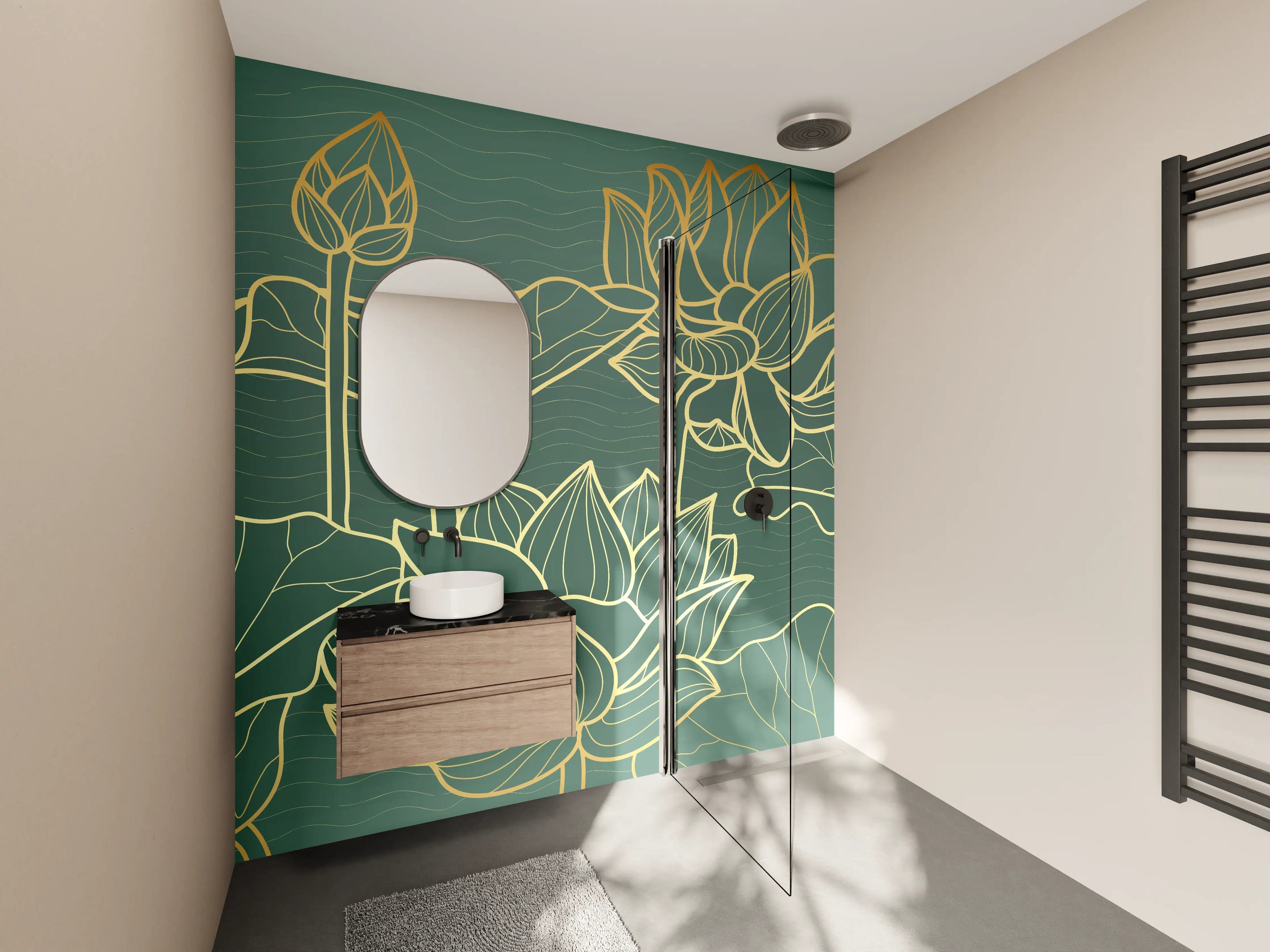 Wandverkleidung Bad - Goldene Lotusblumen Kunstwerk