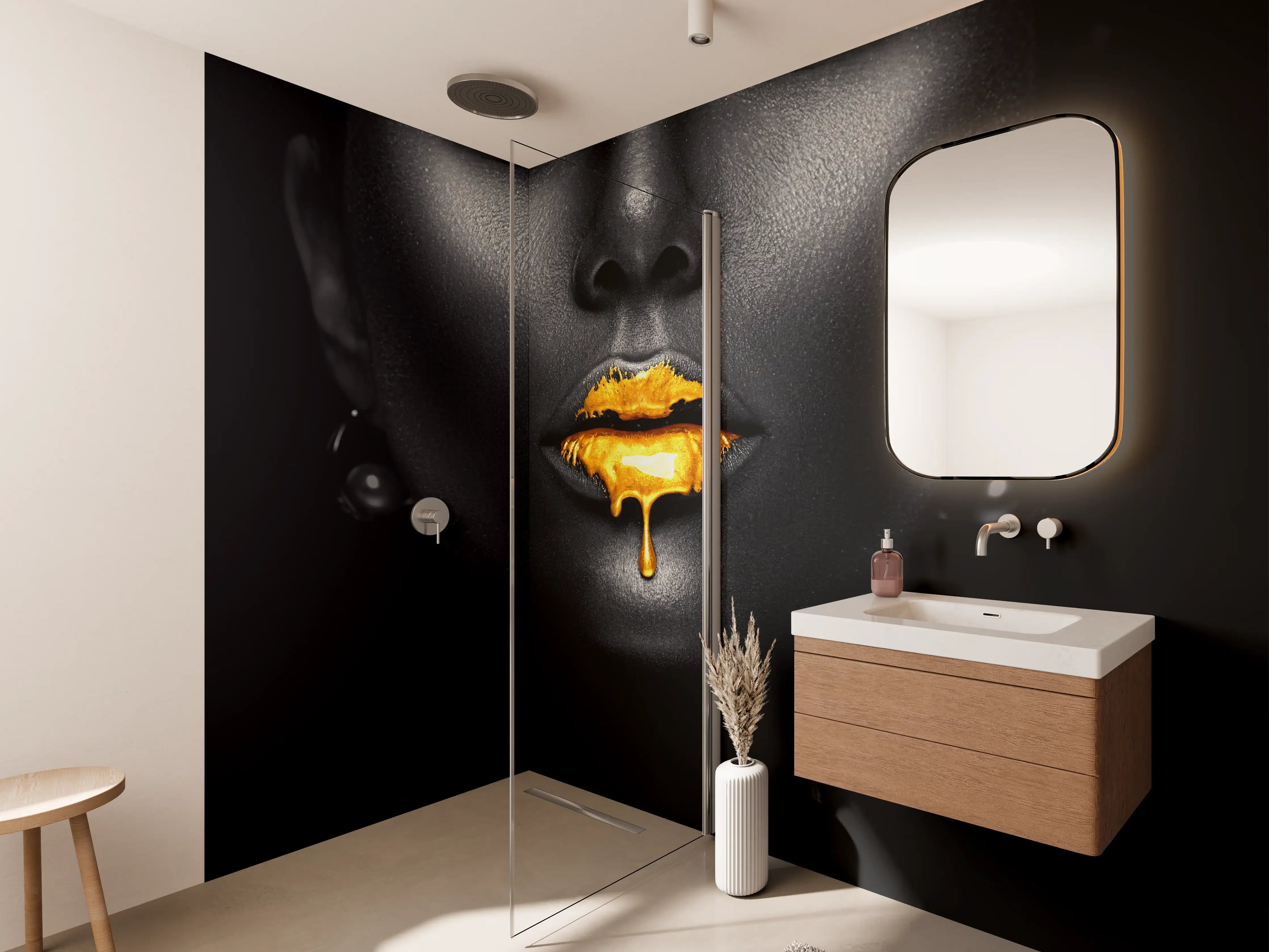 Wandverkleidung Bad - Goldene Make-up Lippen