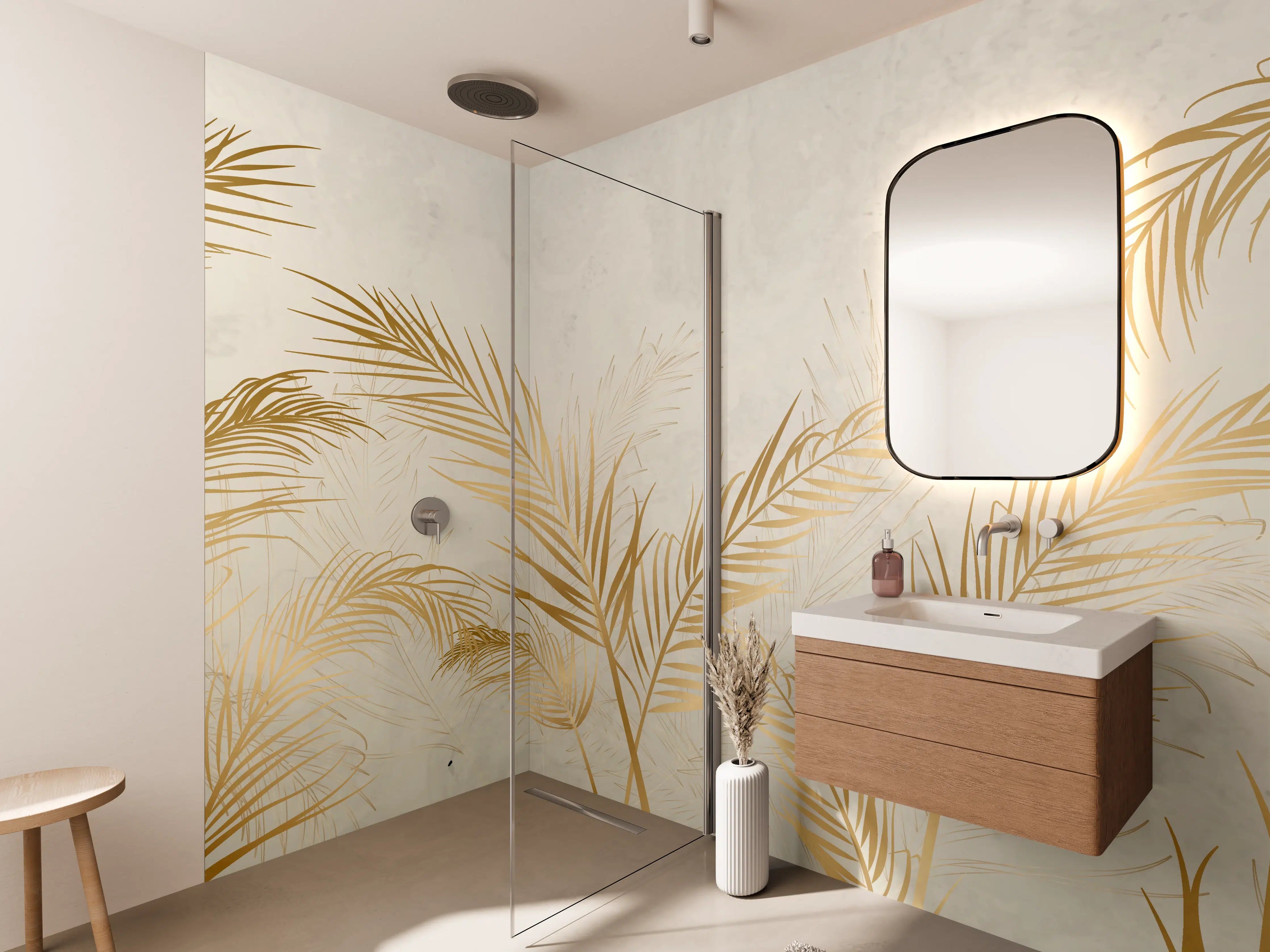 Wandverkleidung Bad - Goldene Palmwedel Deko