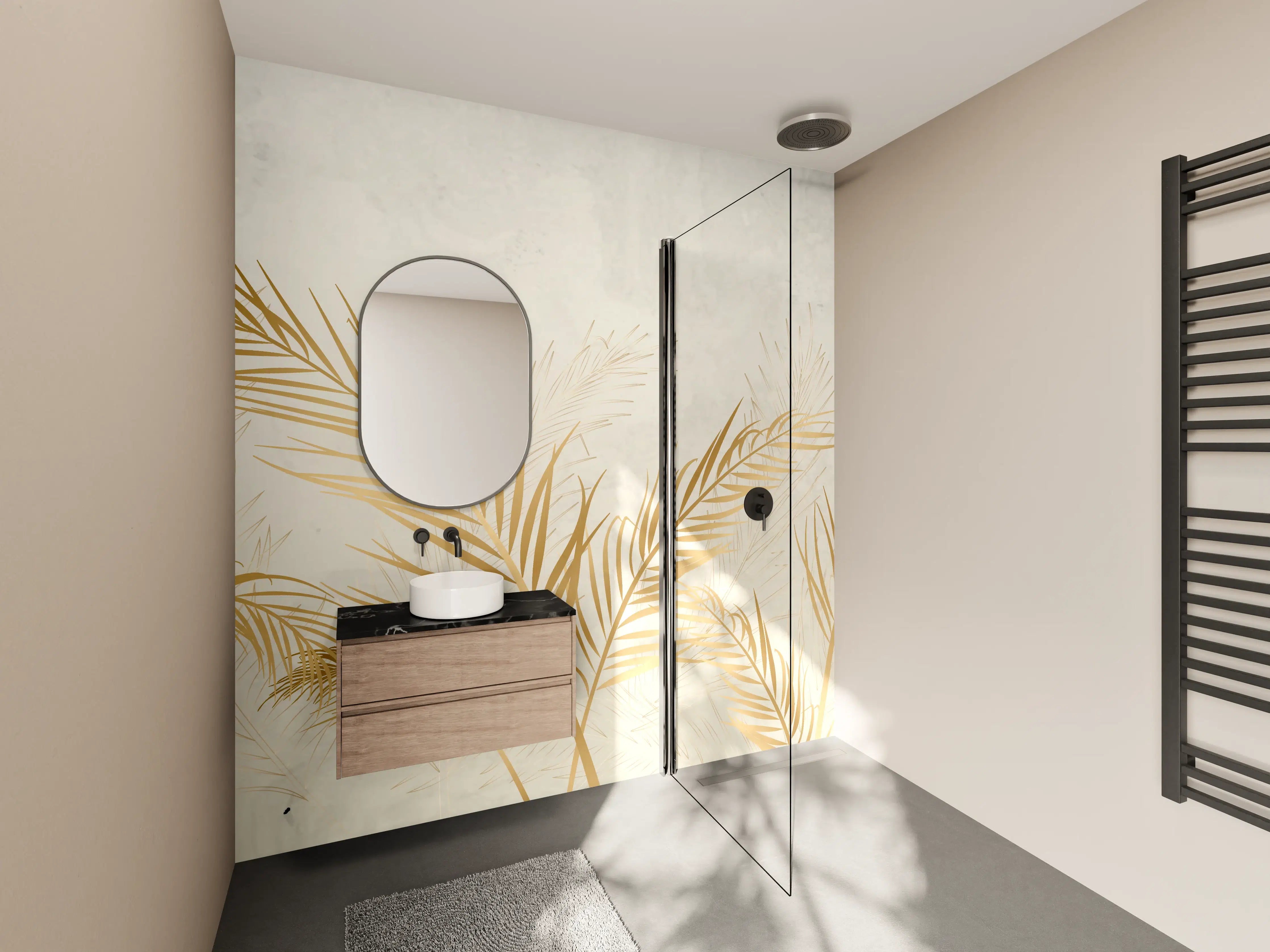 Wandverkleidung Bad - Goldene Palmwedel Deko