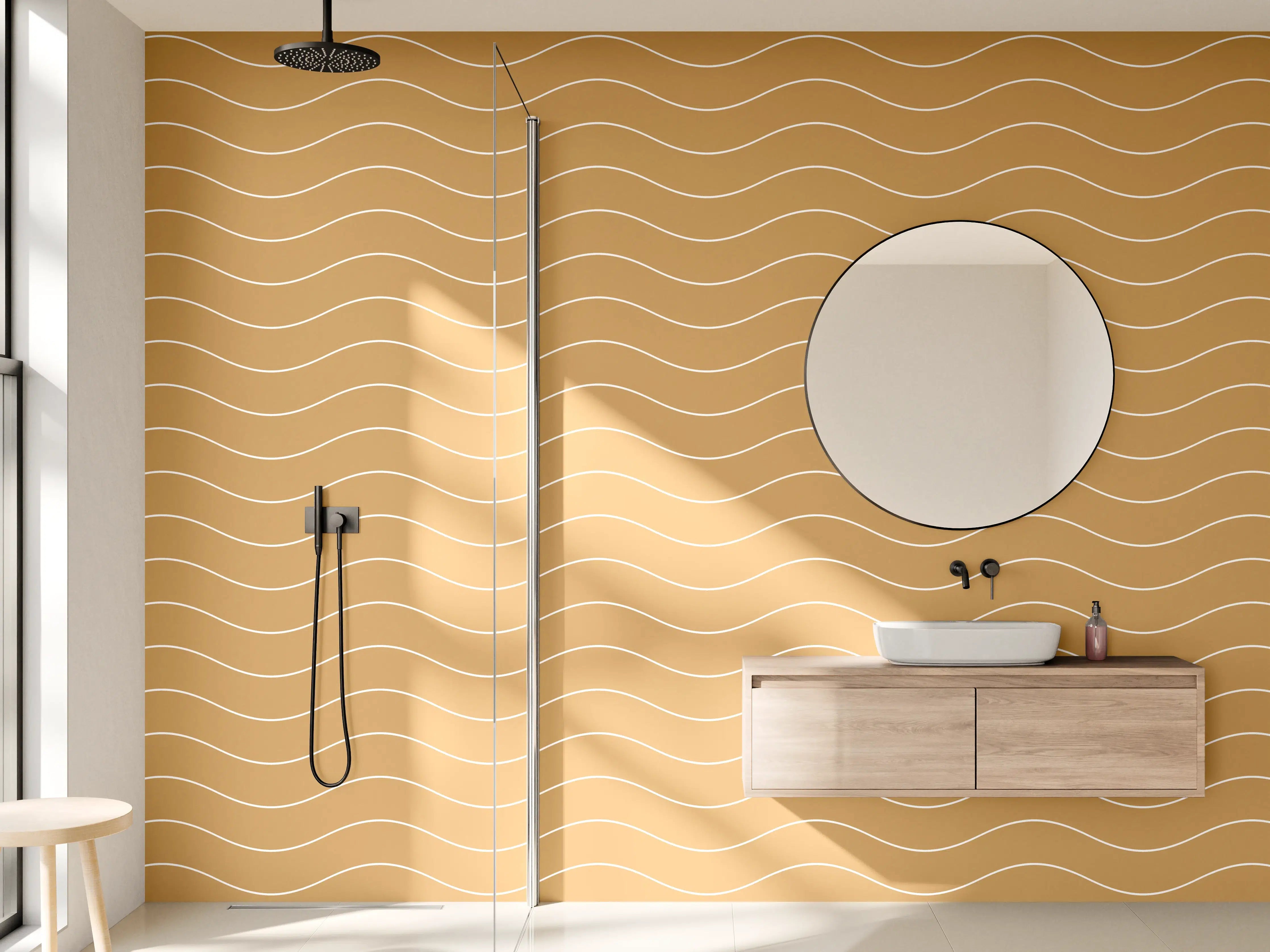 Wandverkleidung Bad - Goldene Wasserwellen mit Holzstruktur