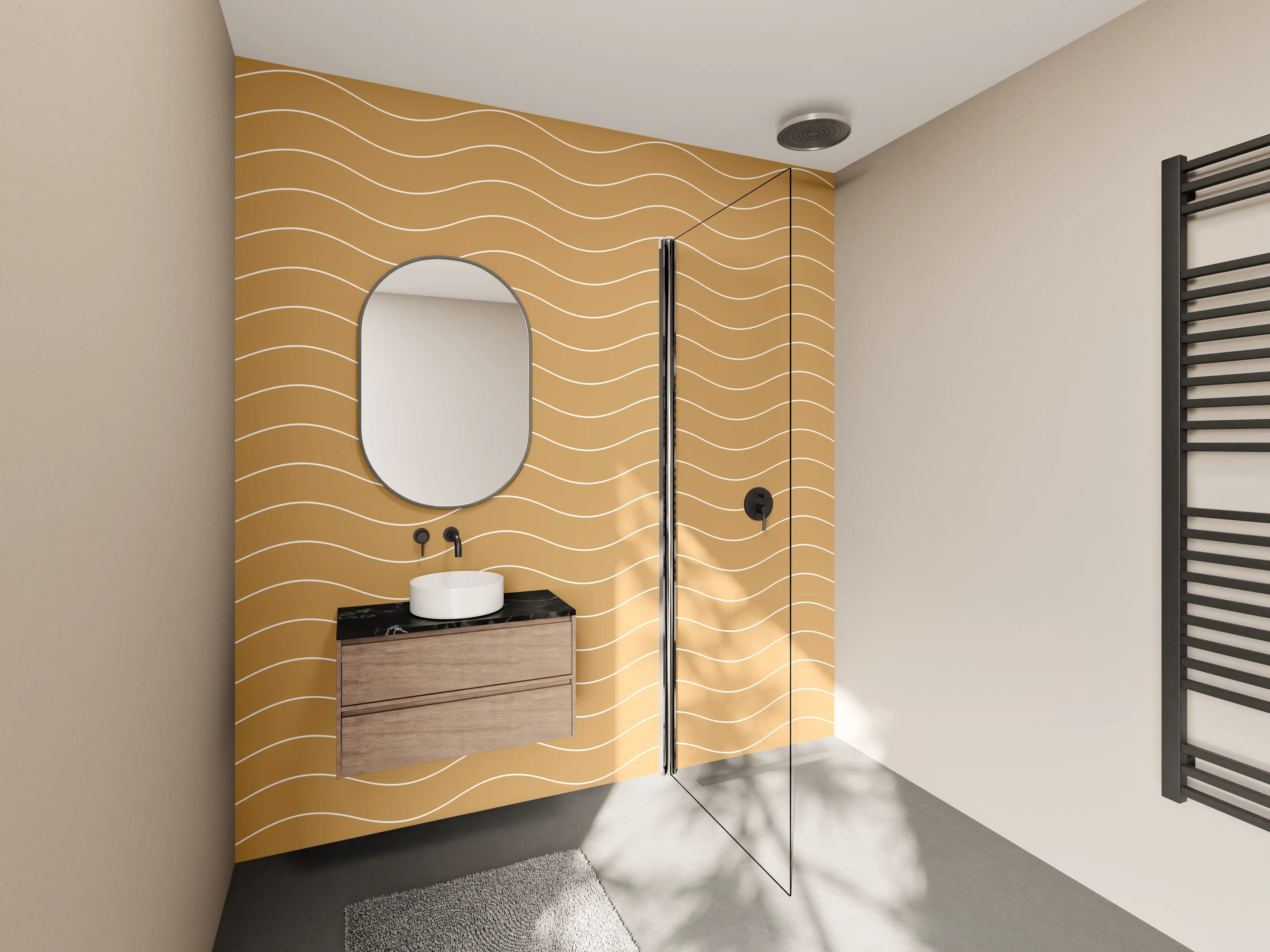 Wandverkleidung Bad - Goldene Wasserwellen mit Holzstruktur