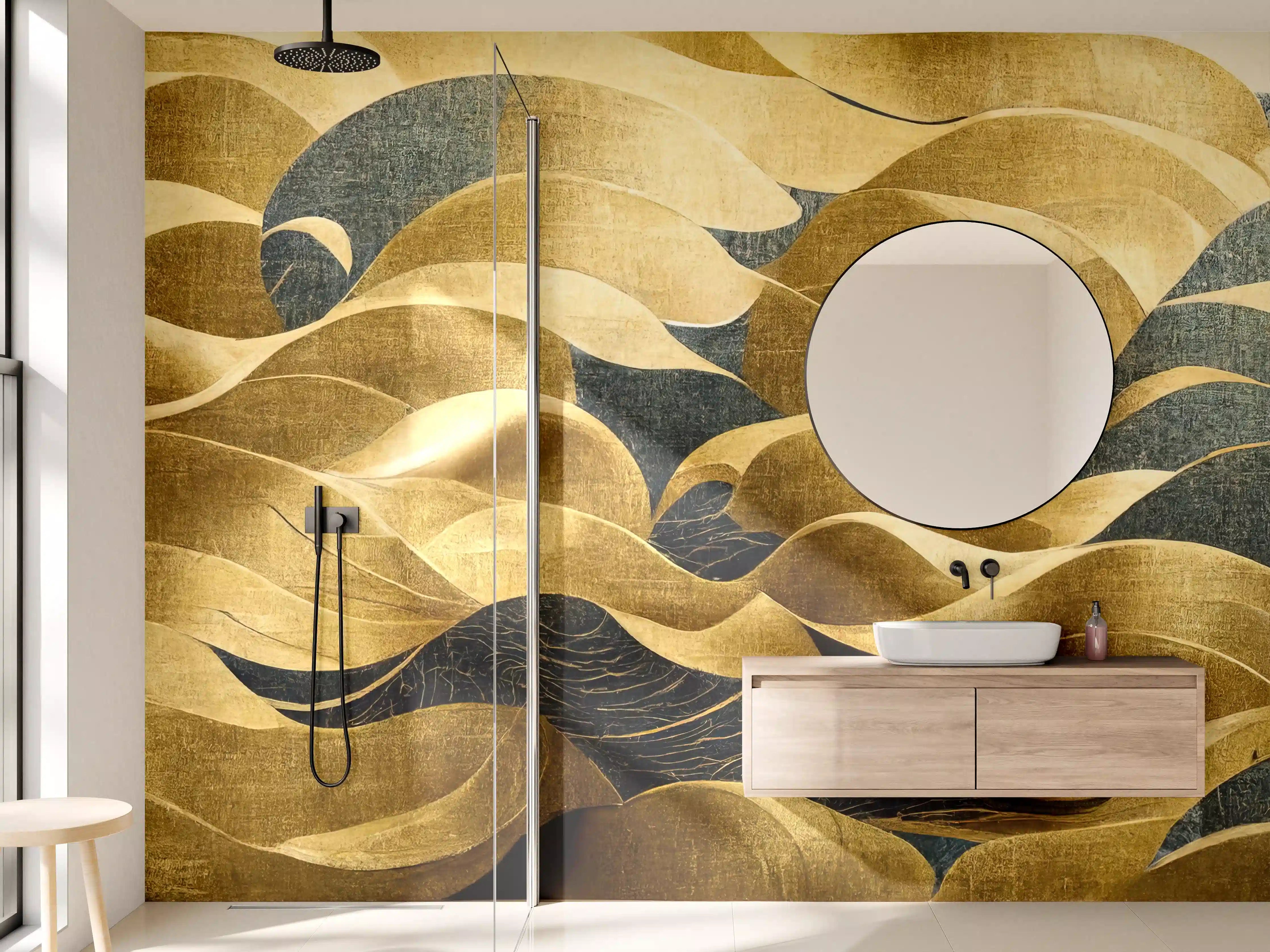 Wandverkleidung Bad - Goldene Wellen im Kunststil