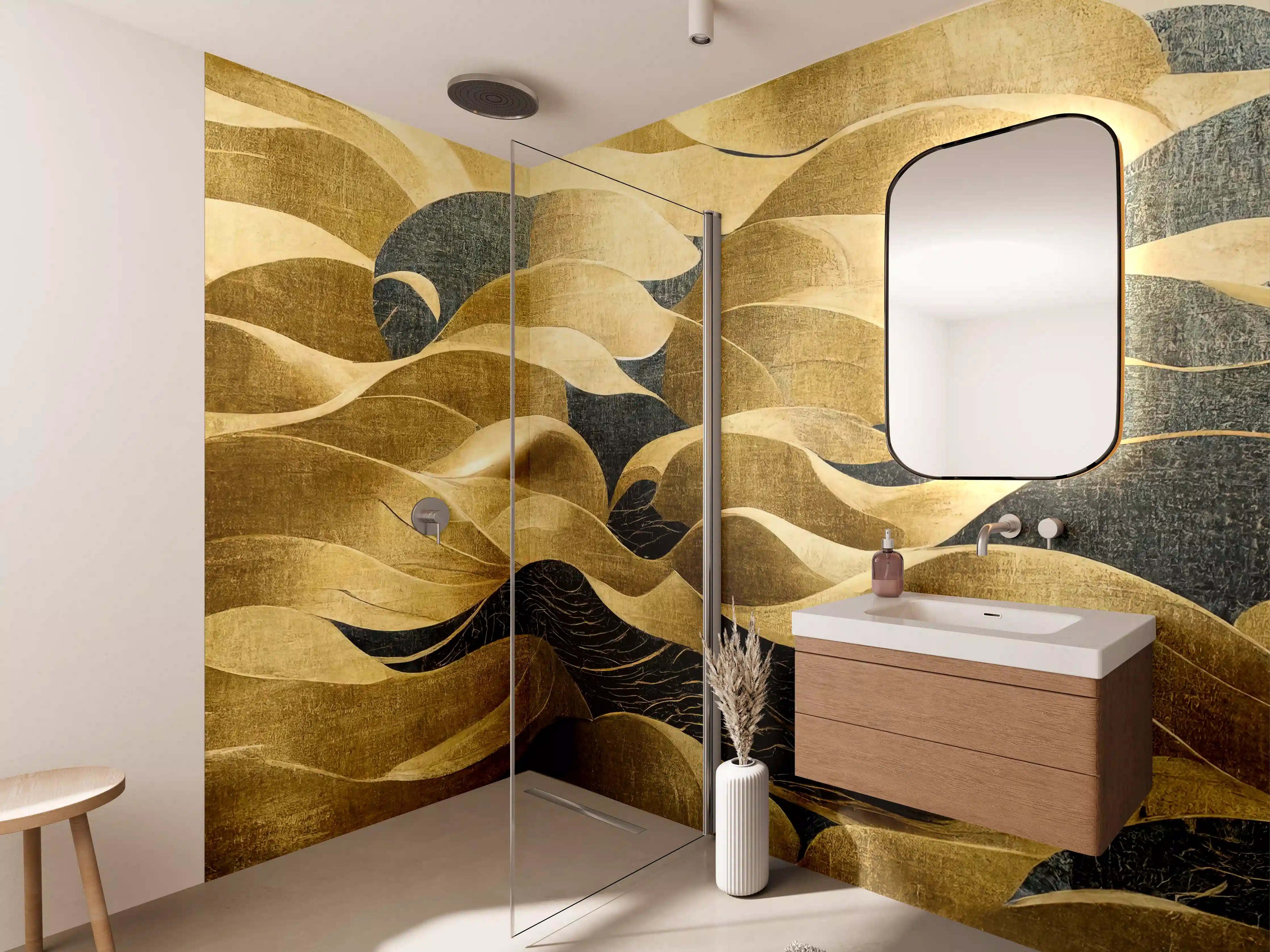Wandverkleidung Bad - Goldene Wellen im Kunststil