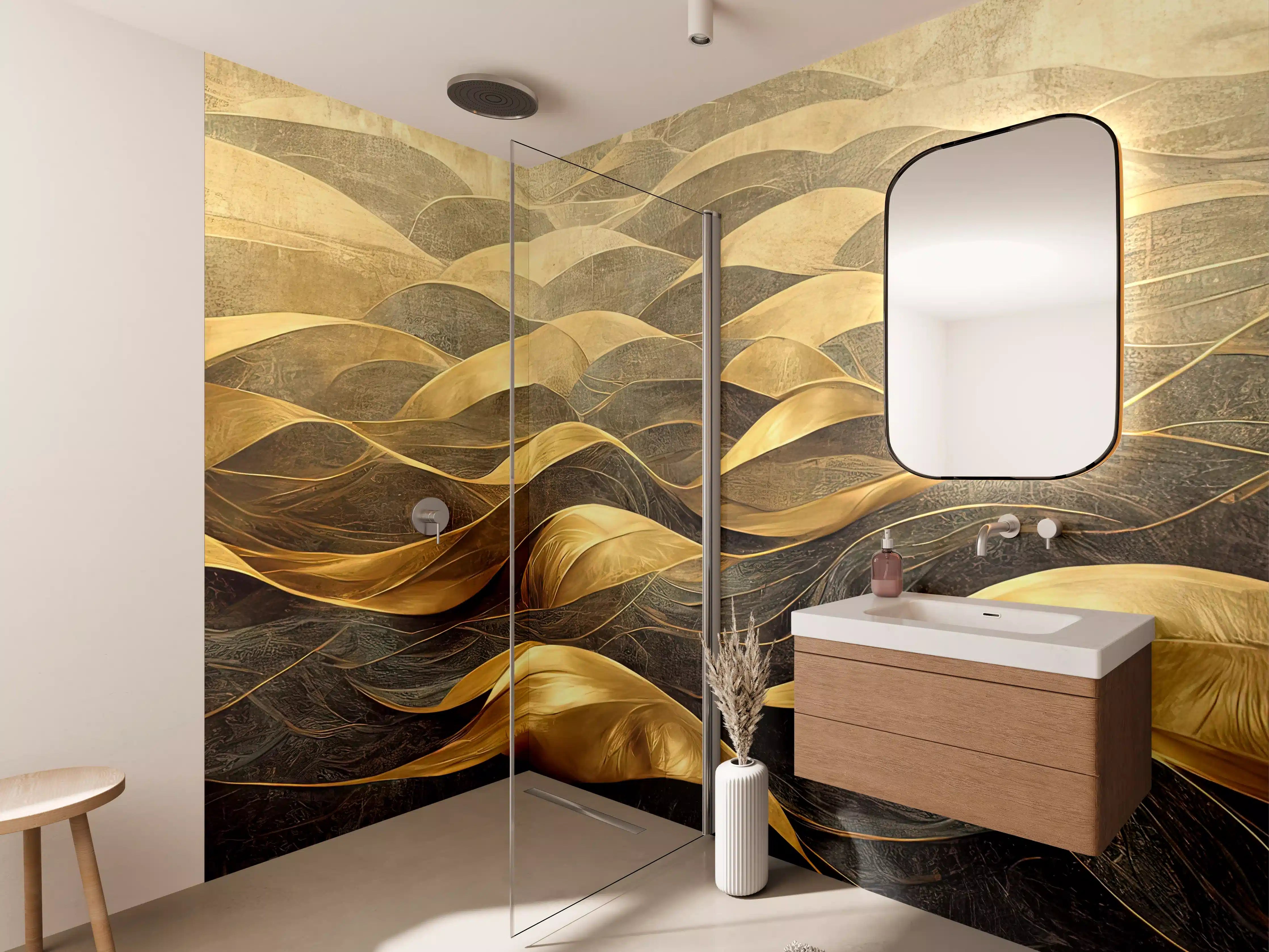 Wandverkleidung Bad - Goldene Wellen im Meerstil