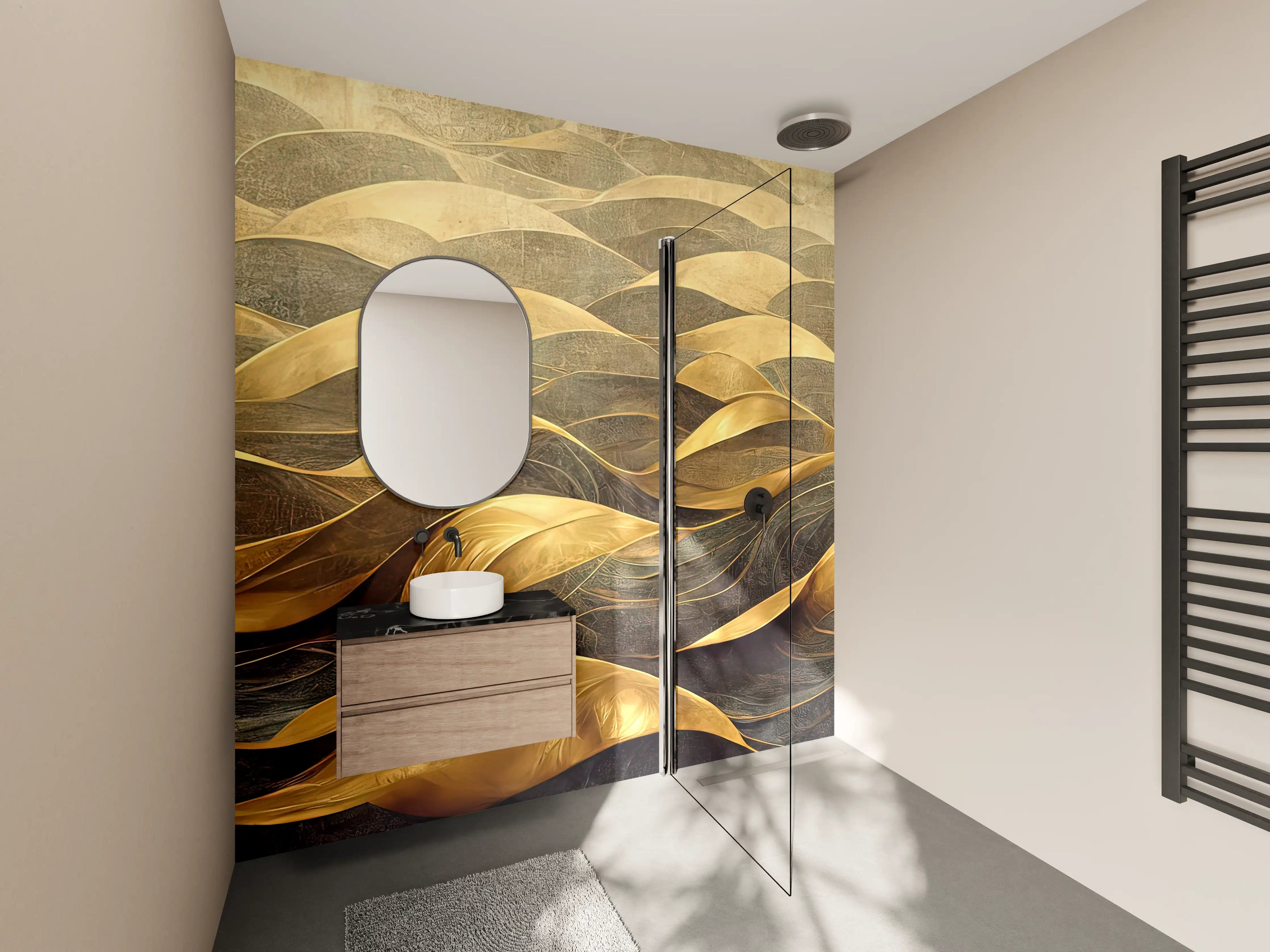 Wandverkleidung Bad - Goldene Wellen im Meerstil