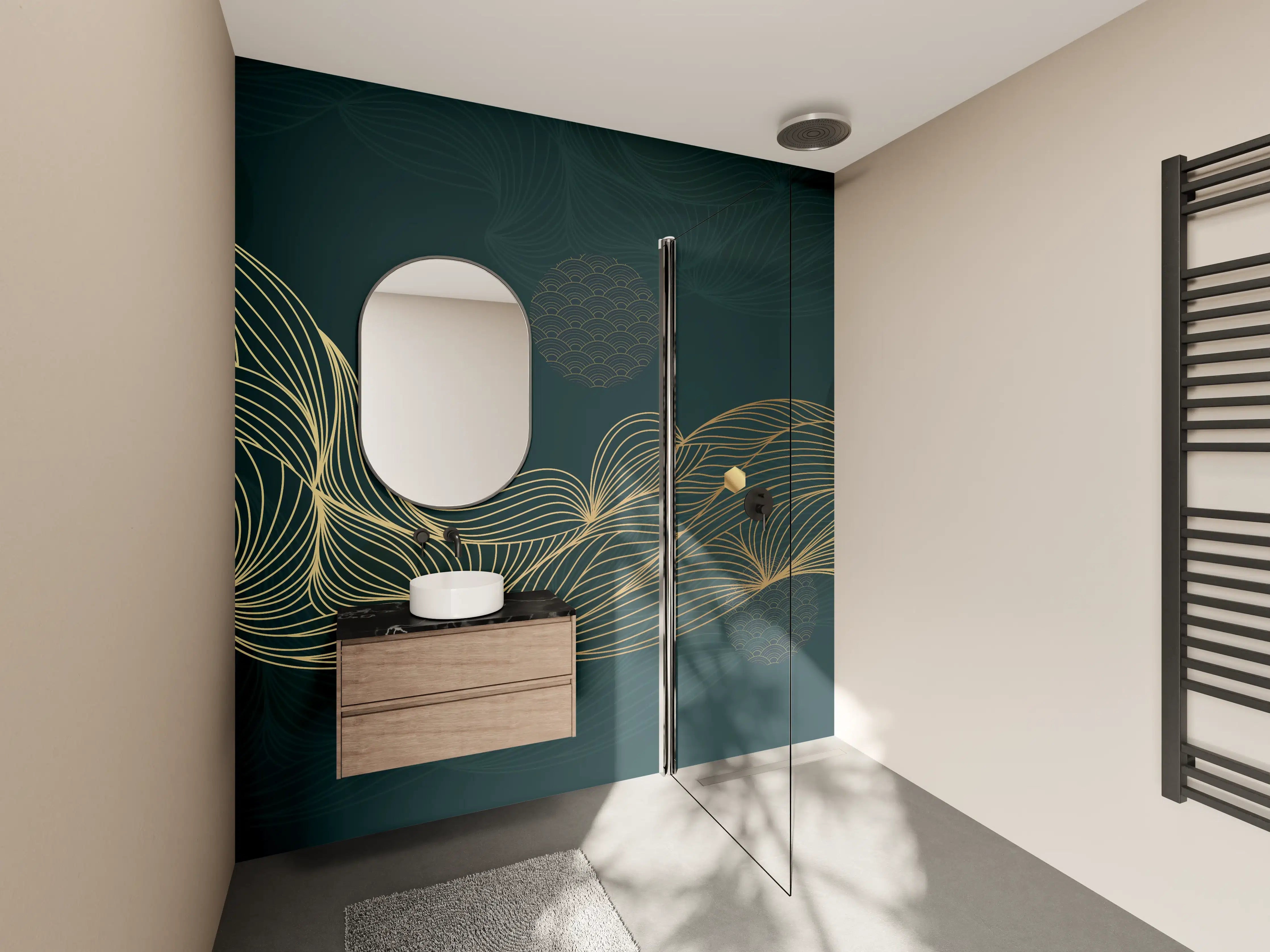 Wandverkleidung Bad - Goldene Wellenlinien auf Dunkelblau