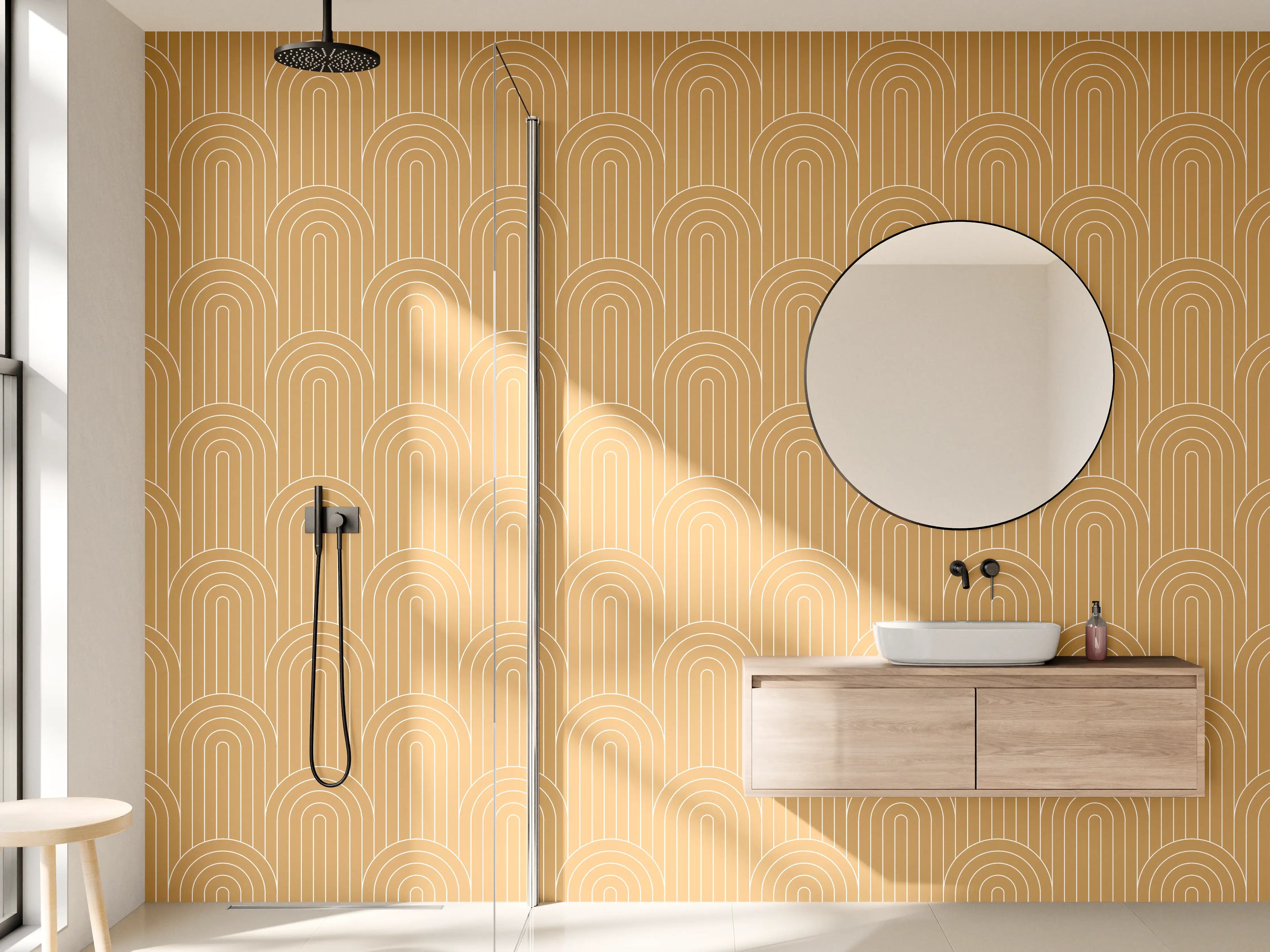 Wandverkleidung Bad - Goldene Wellenmuster mit geometrischem Design