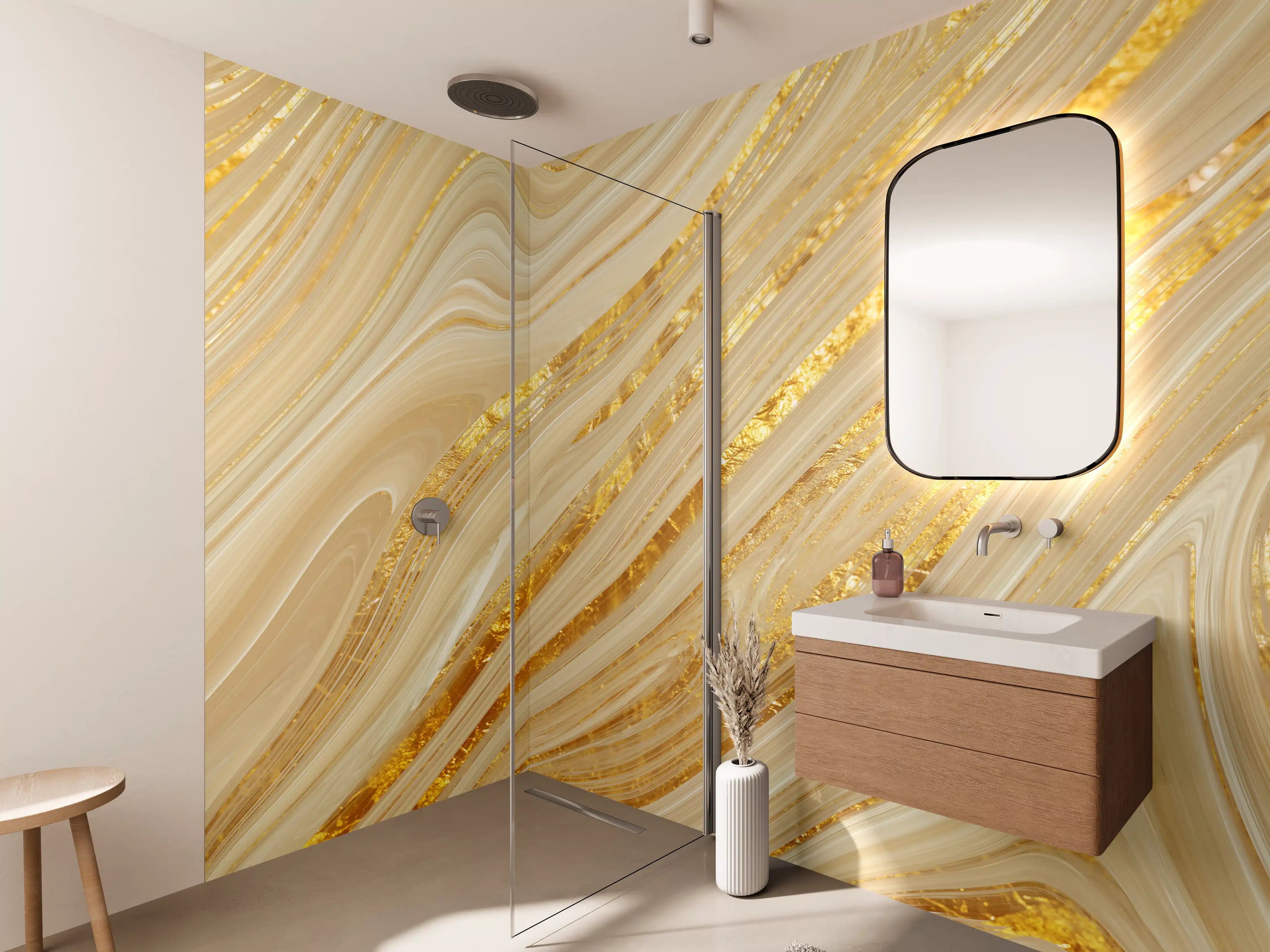Wandverkleidung Bad - Goldene wellenförmige Marmorierung
