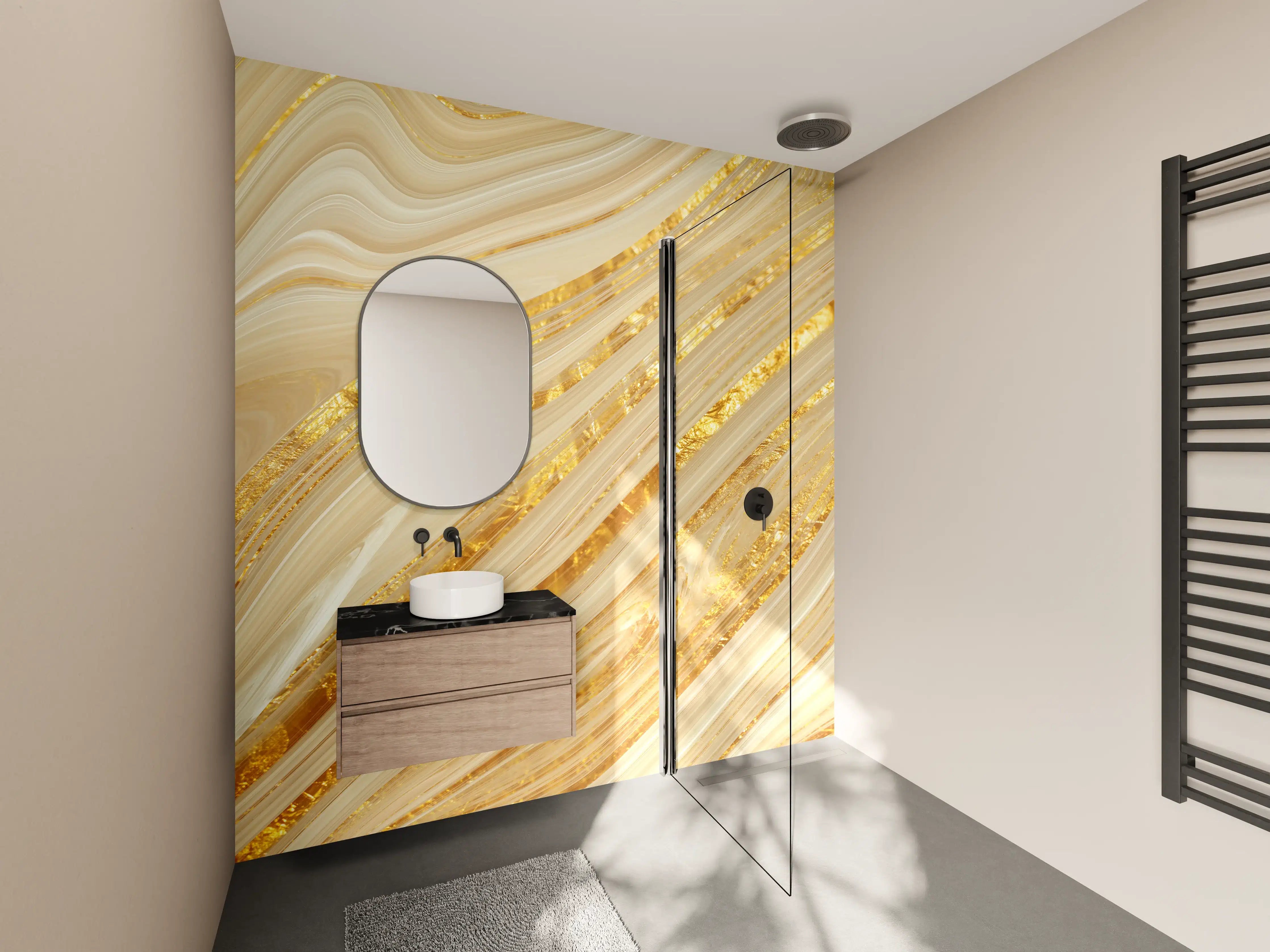 Wandverkleidung Bad - Goldene wellenförmige Marmorierung