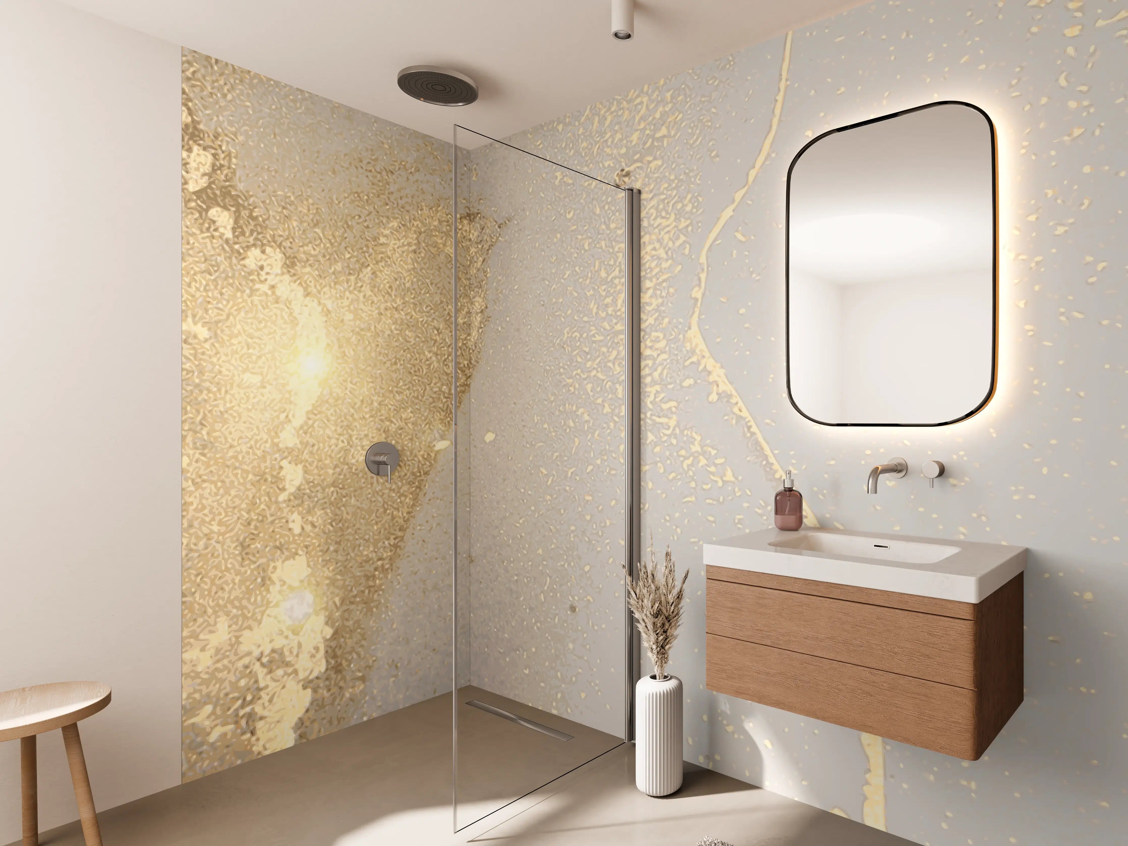 Wandverkleidung Bad - Goldener Glanz auf Cremeweiß