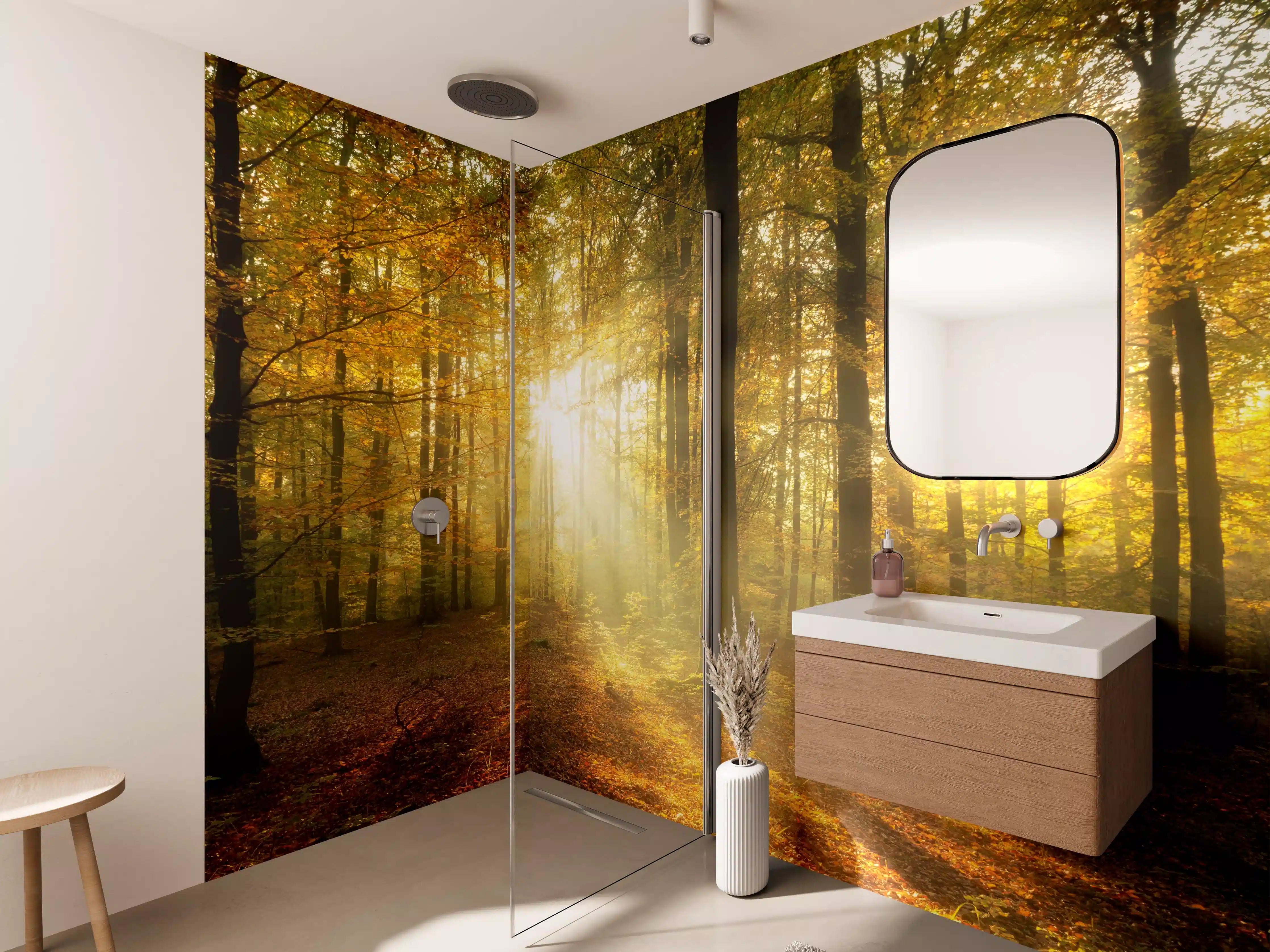 Wandverkleidung Bad - Goldener Sonnenstrahl im Herbstwald