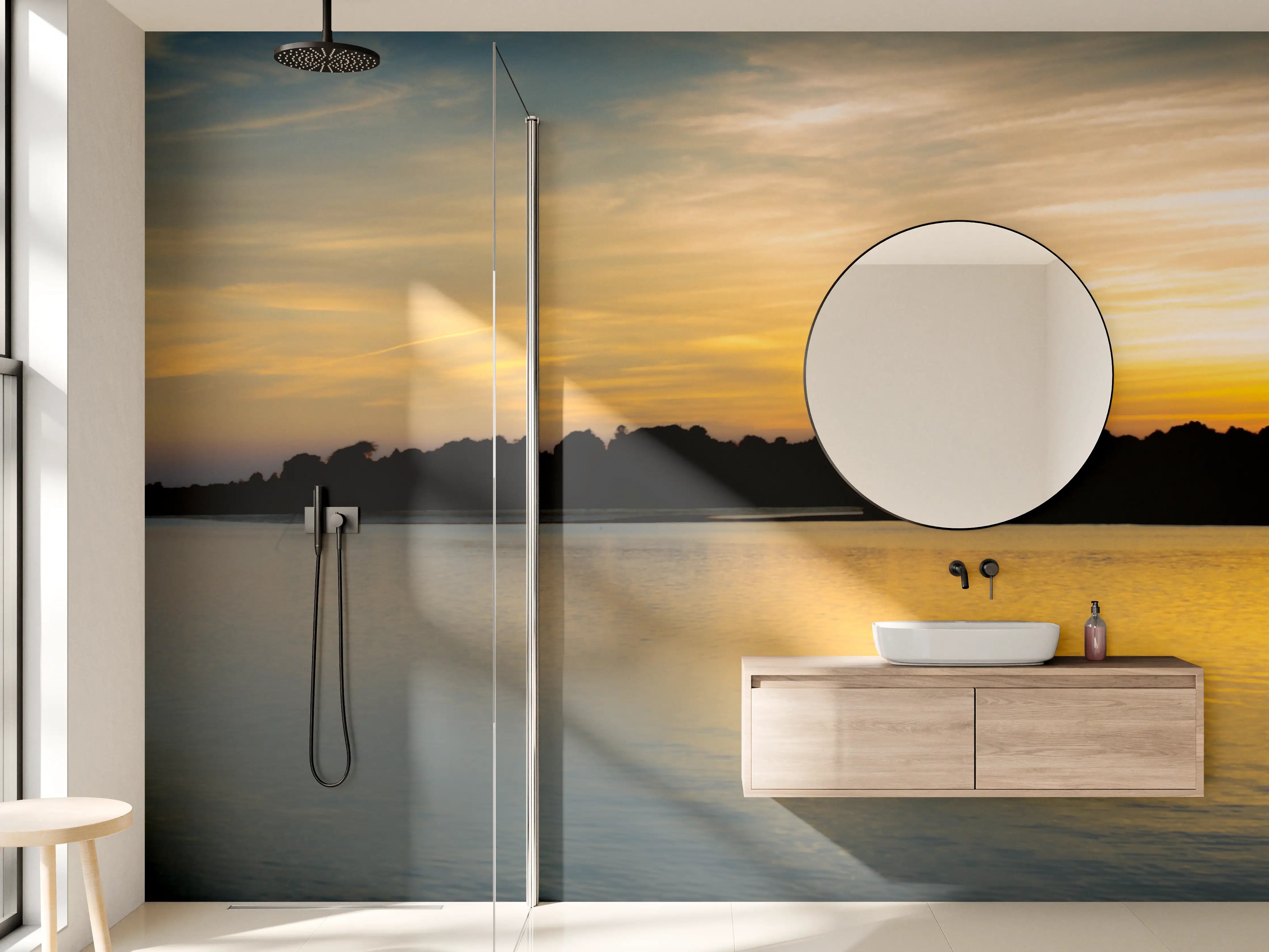 Wandverkleidung Bad - Goldener Sonnenuntergang über ruhigem Wasser