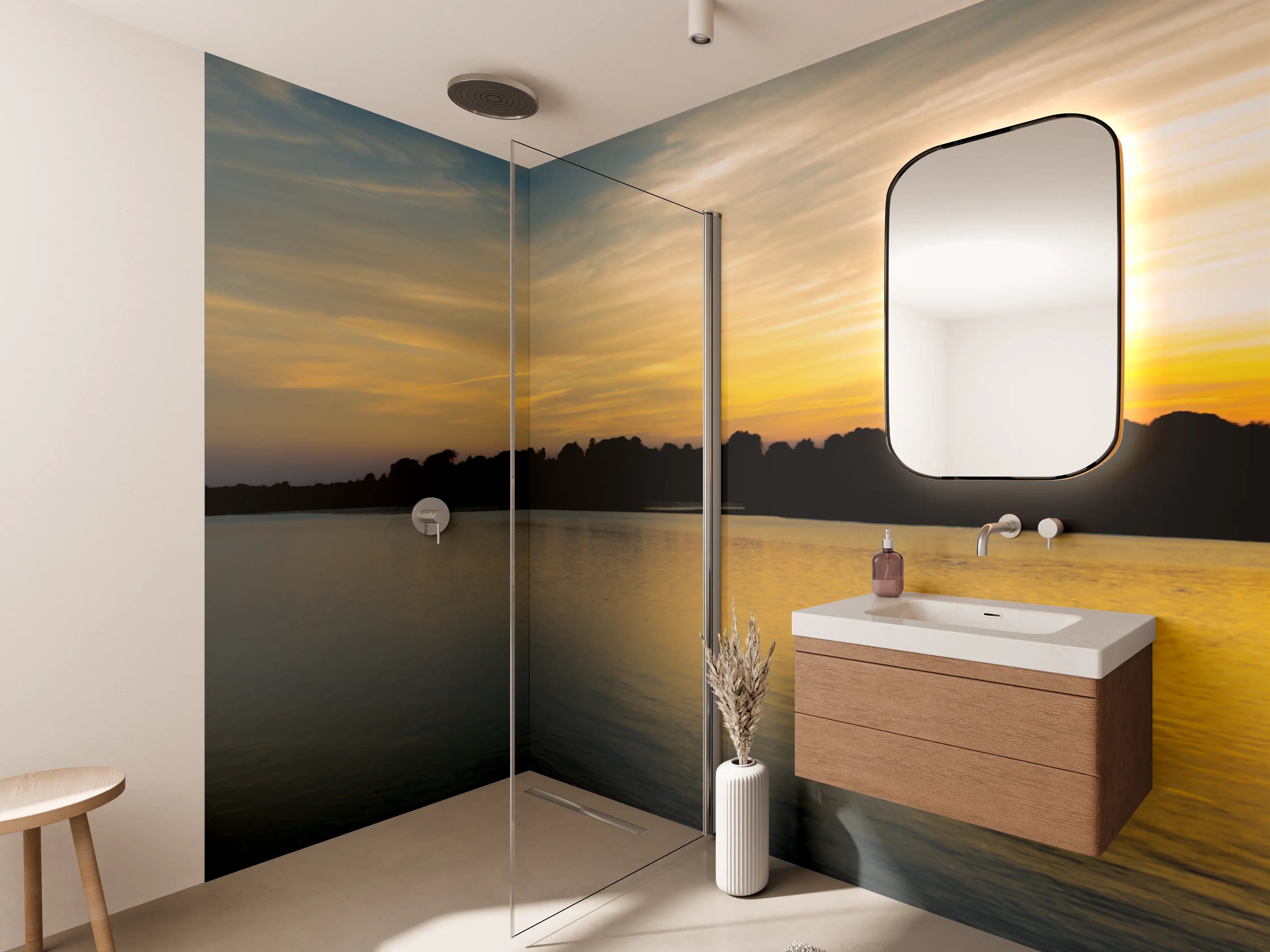 Wandverkleidung Bad - Goldener Sonnenuntergang über ruhigem Wasser