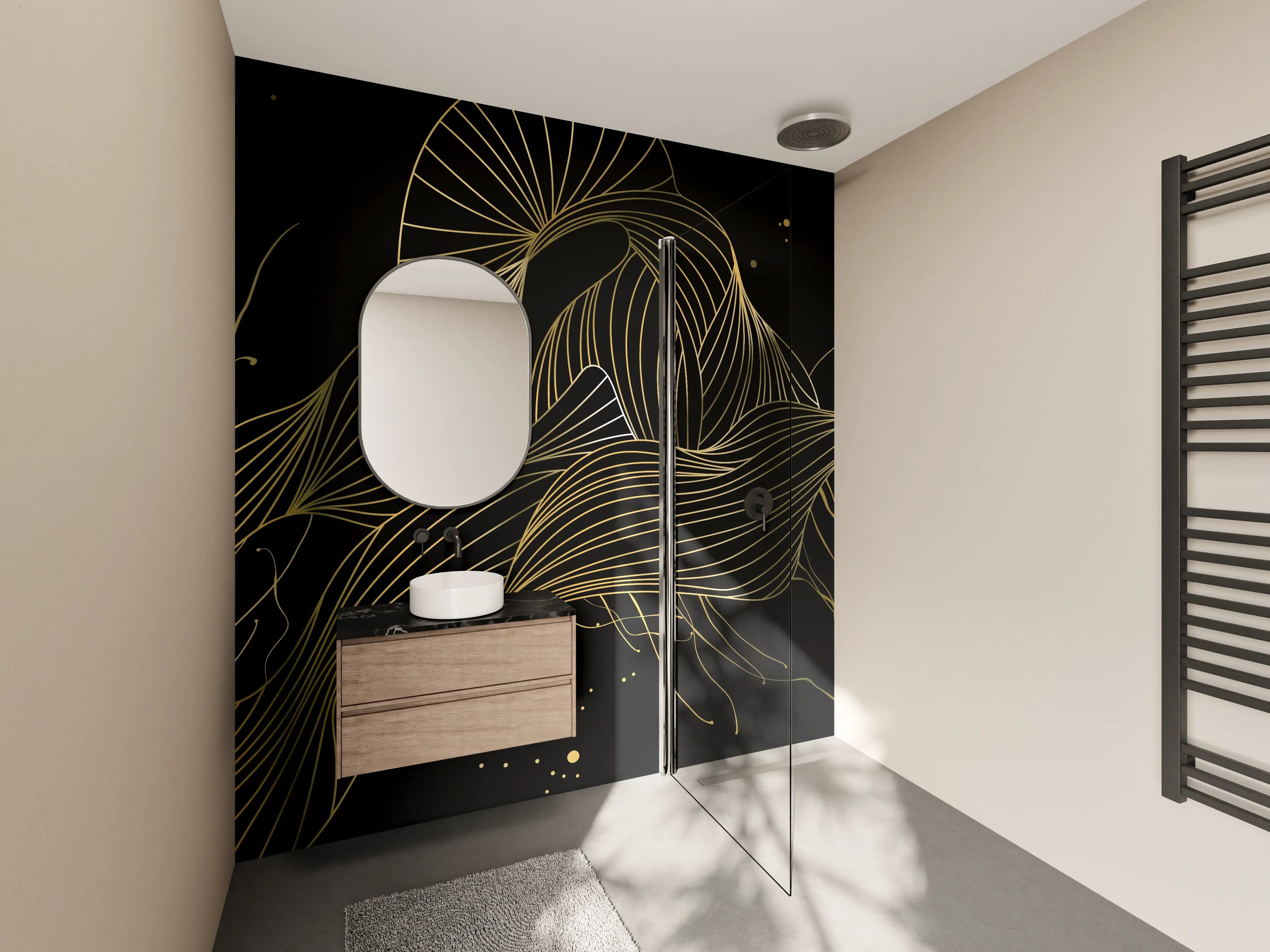 Wandverkleidung Bad - Goldenes Linienmuster auf Schwarz