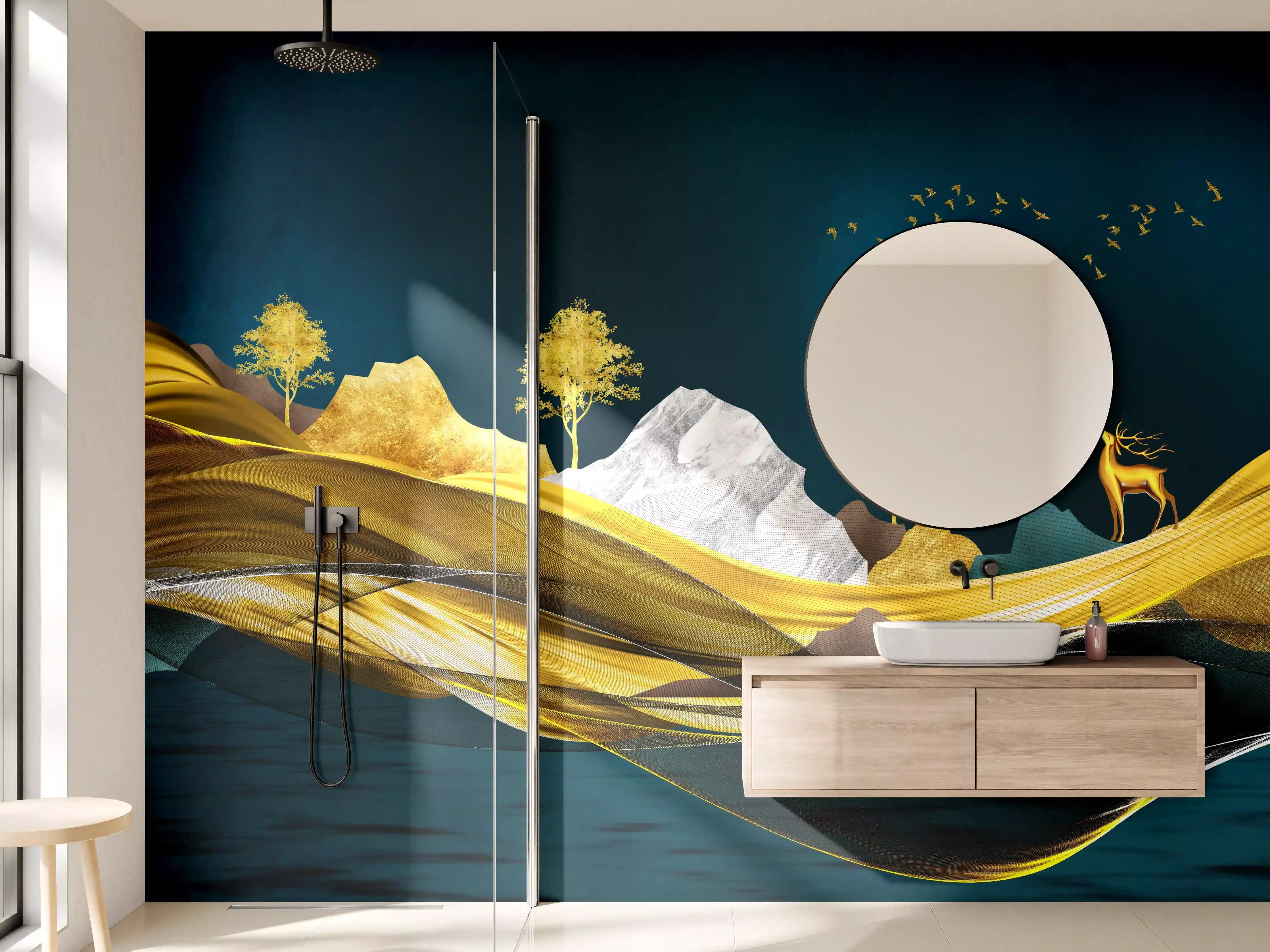 Wandverkleidung Bad - Goldenes Wellendesign - 3D 
