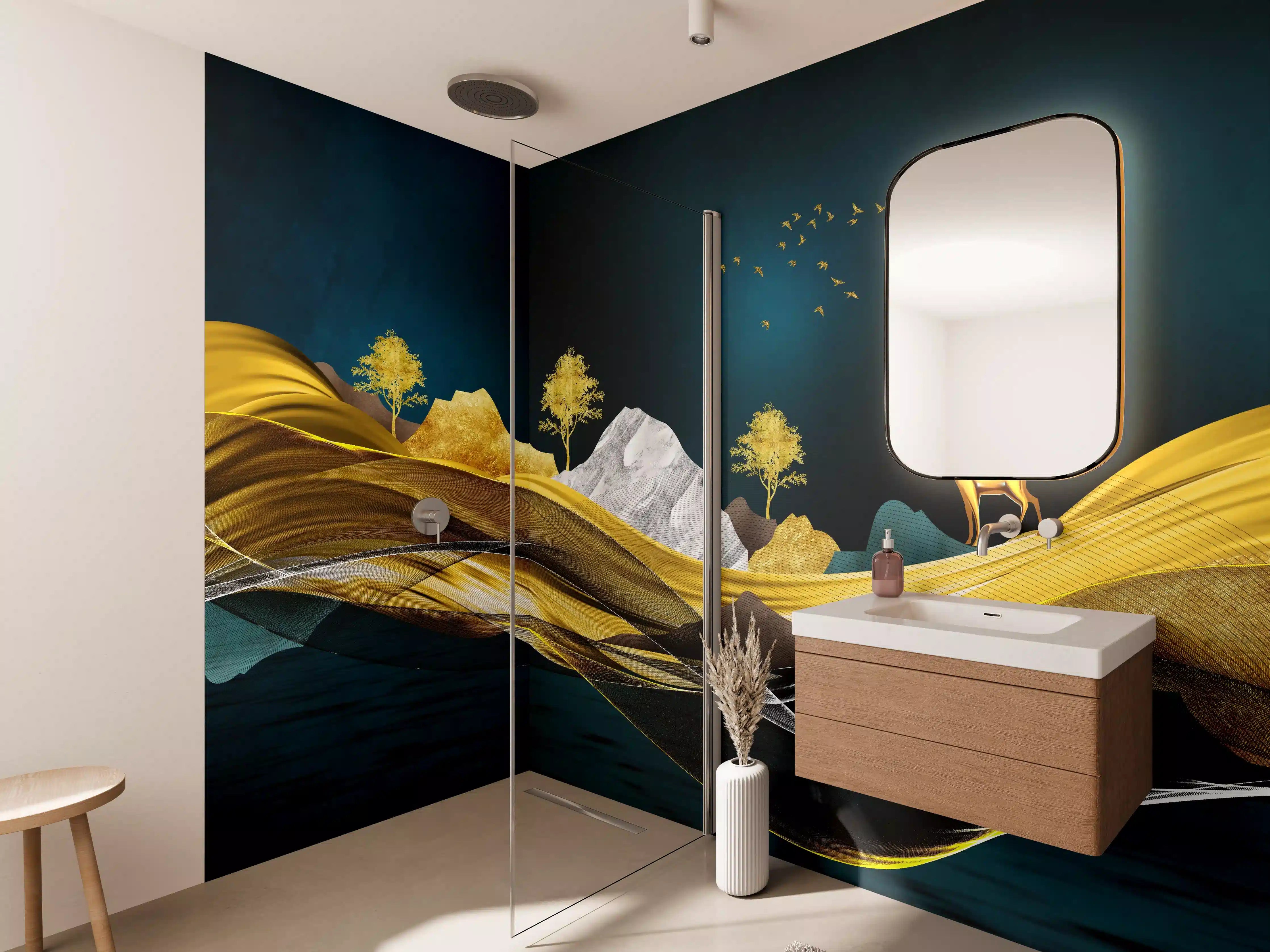 Wandverkleidung Bad - Goldenes Wellendesign - 3D 