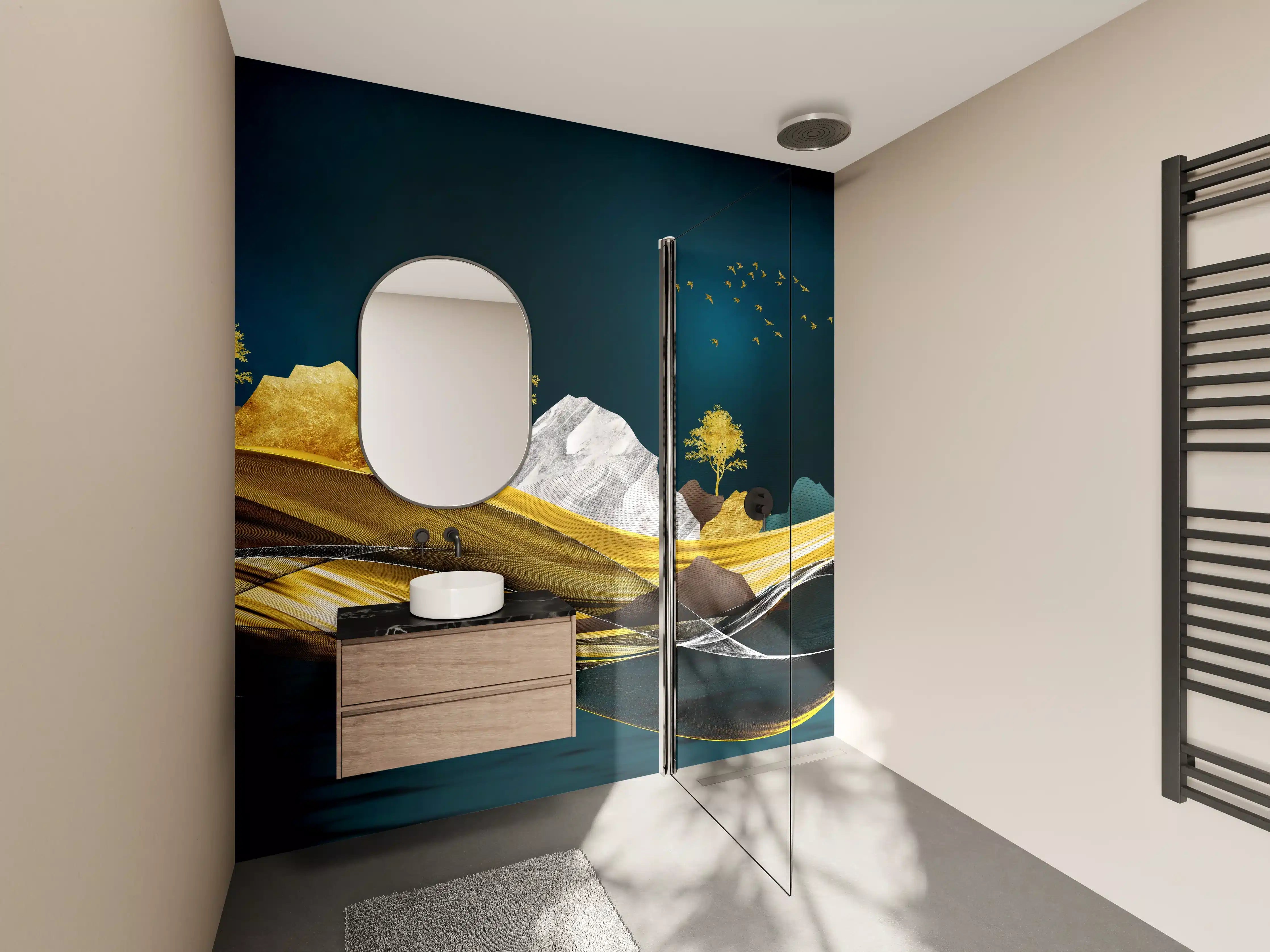 Wandverkleidung Bad - Goldenes Wellendesign - 3D 