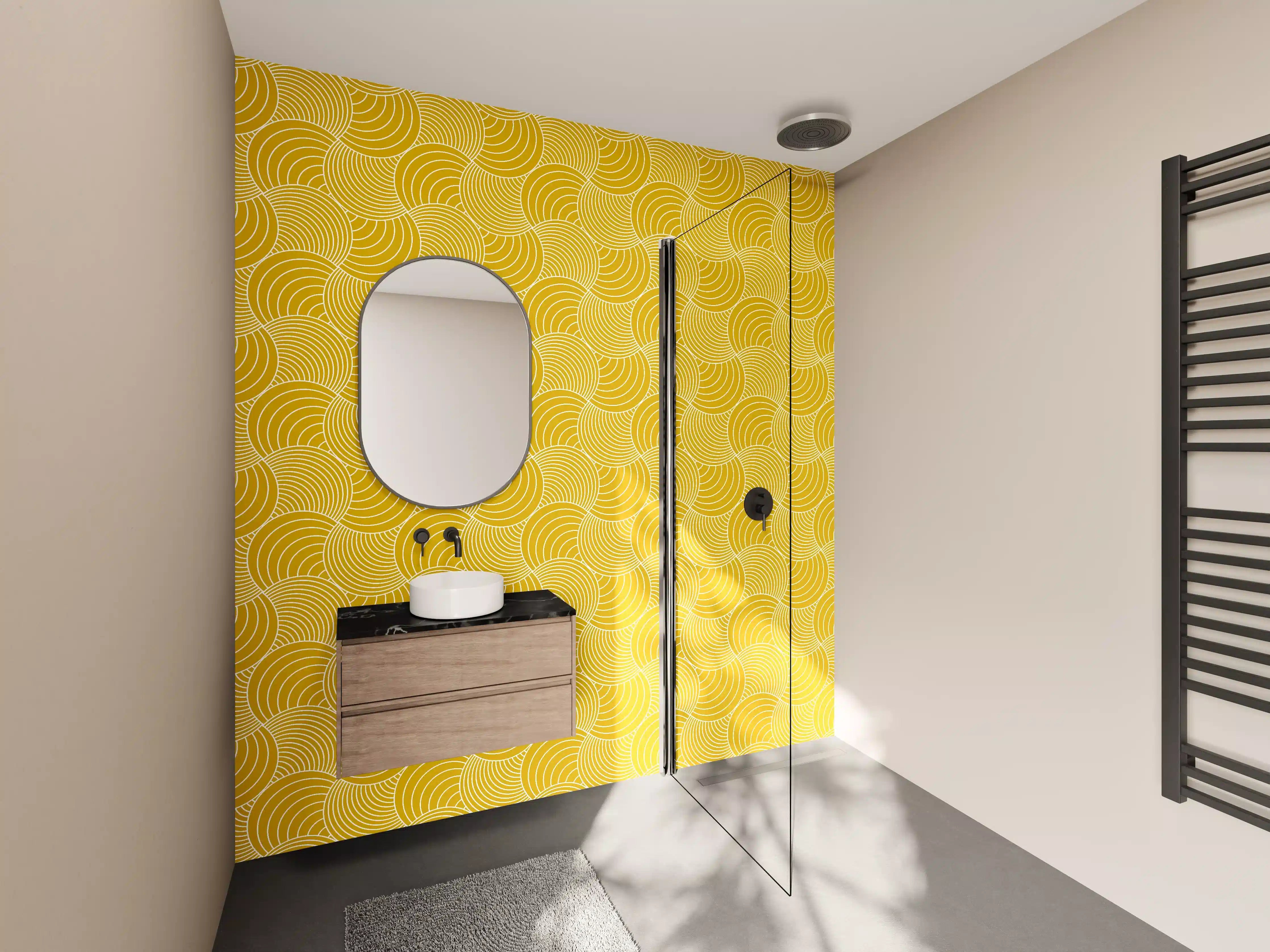 Wandverkleidung Bad - Goldgelbes Wellenmuster mit Linienlayout