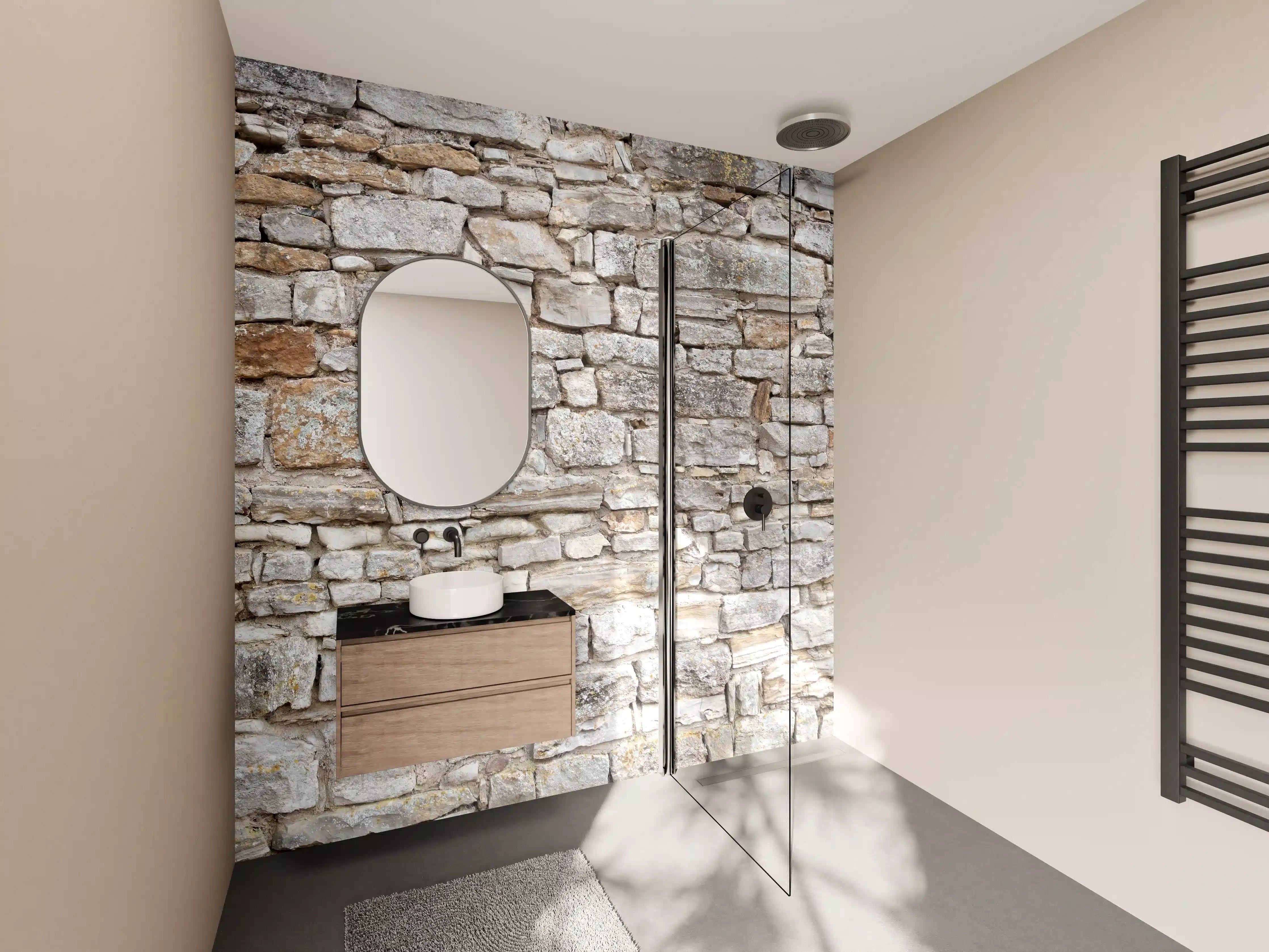 Wandverkleidung Bad - Gräuliche alte Mauer aus groben Steinen