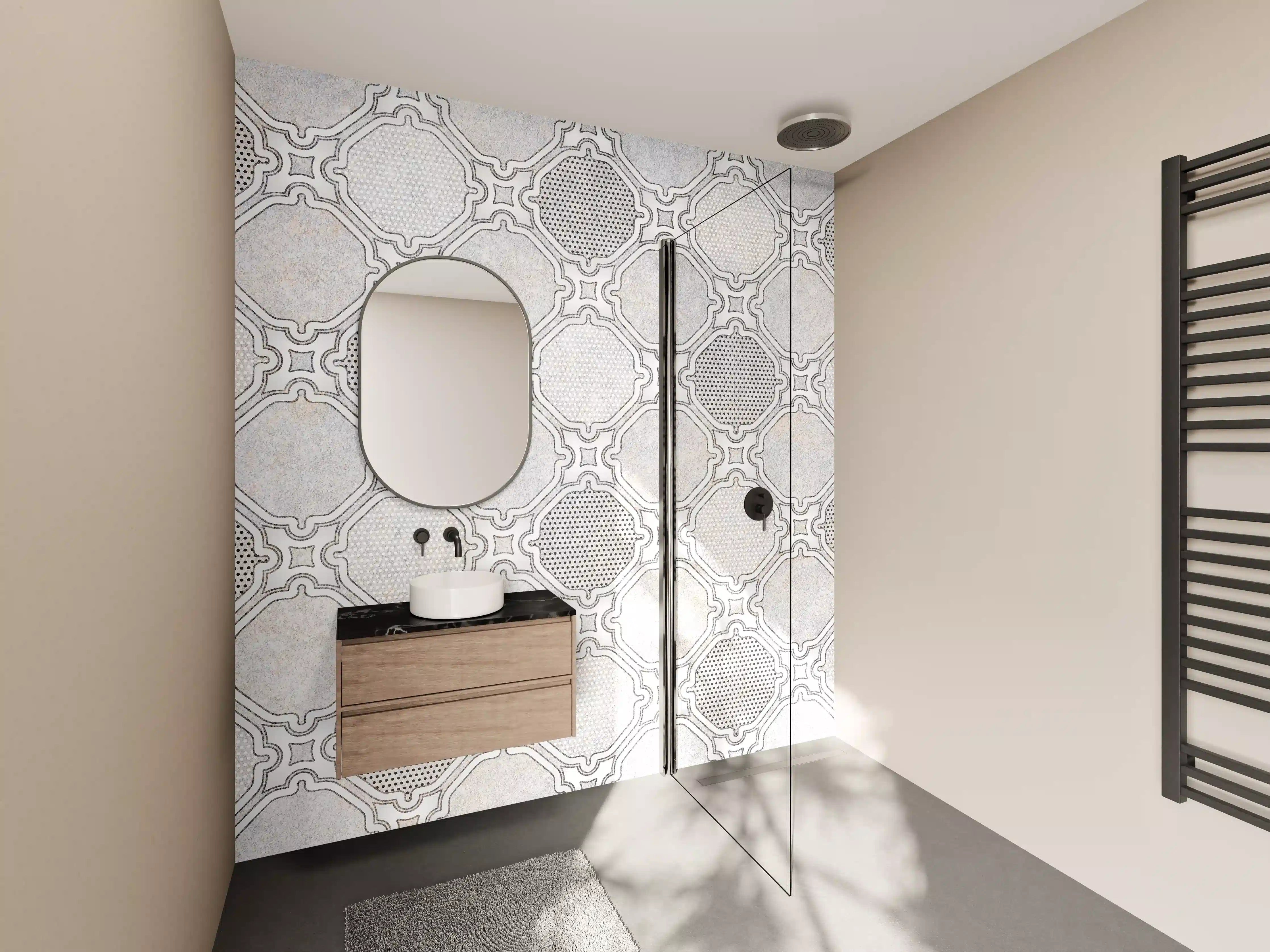 Wandverkleidung Bad - Gräuliches Stoffmuster - Vintage