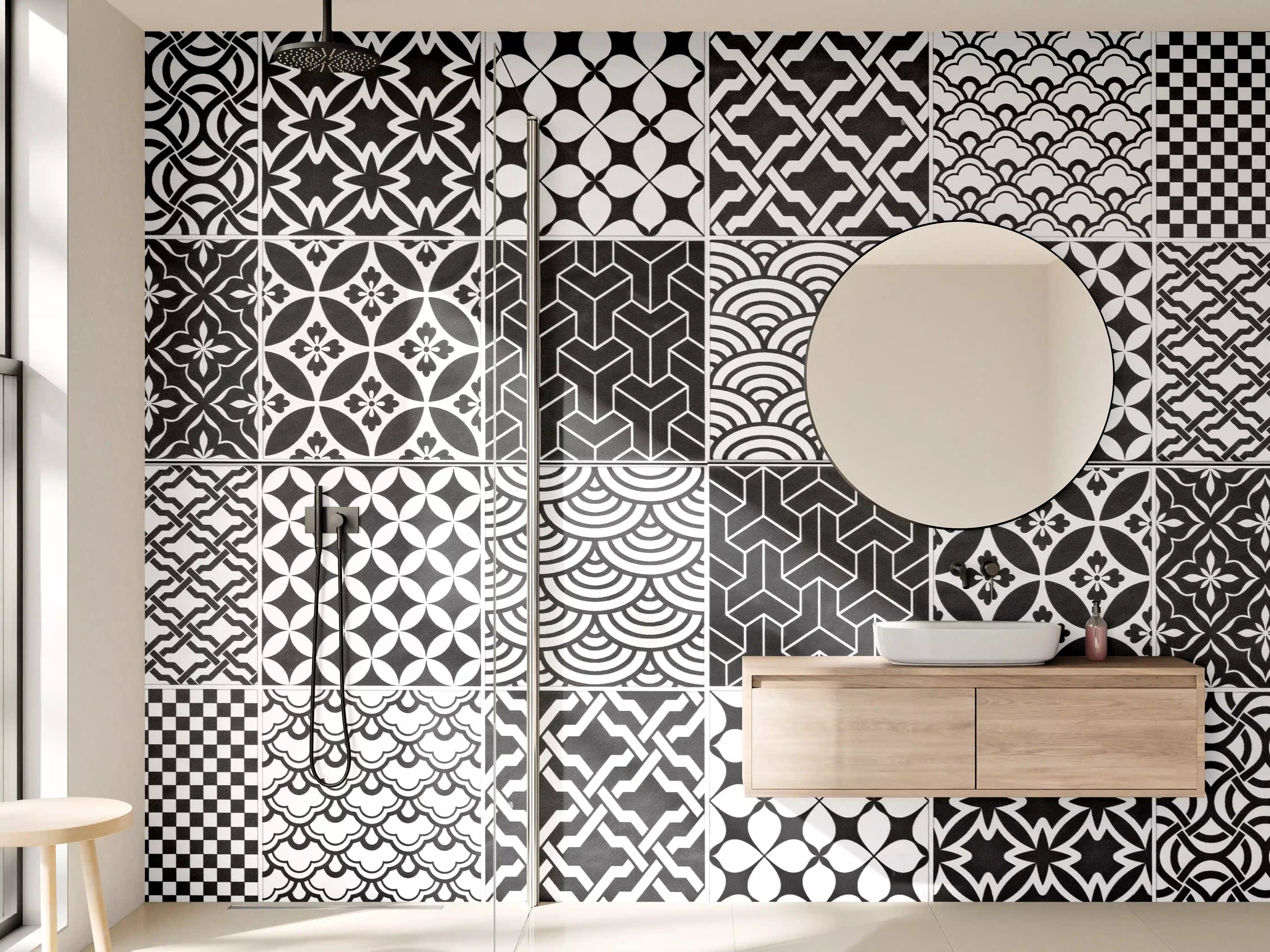 Wandverkleidung Bad - Grau-Weiß geometrisch Mosaik