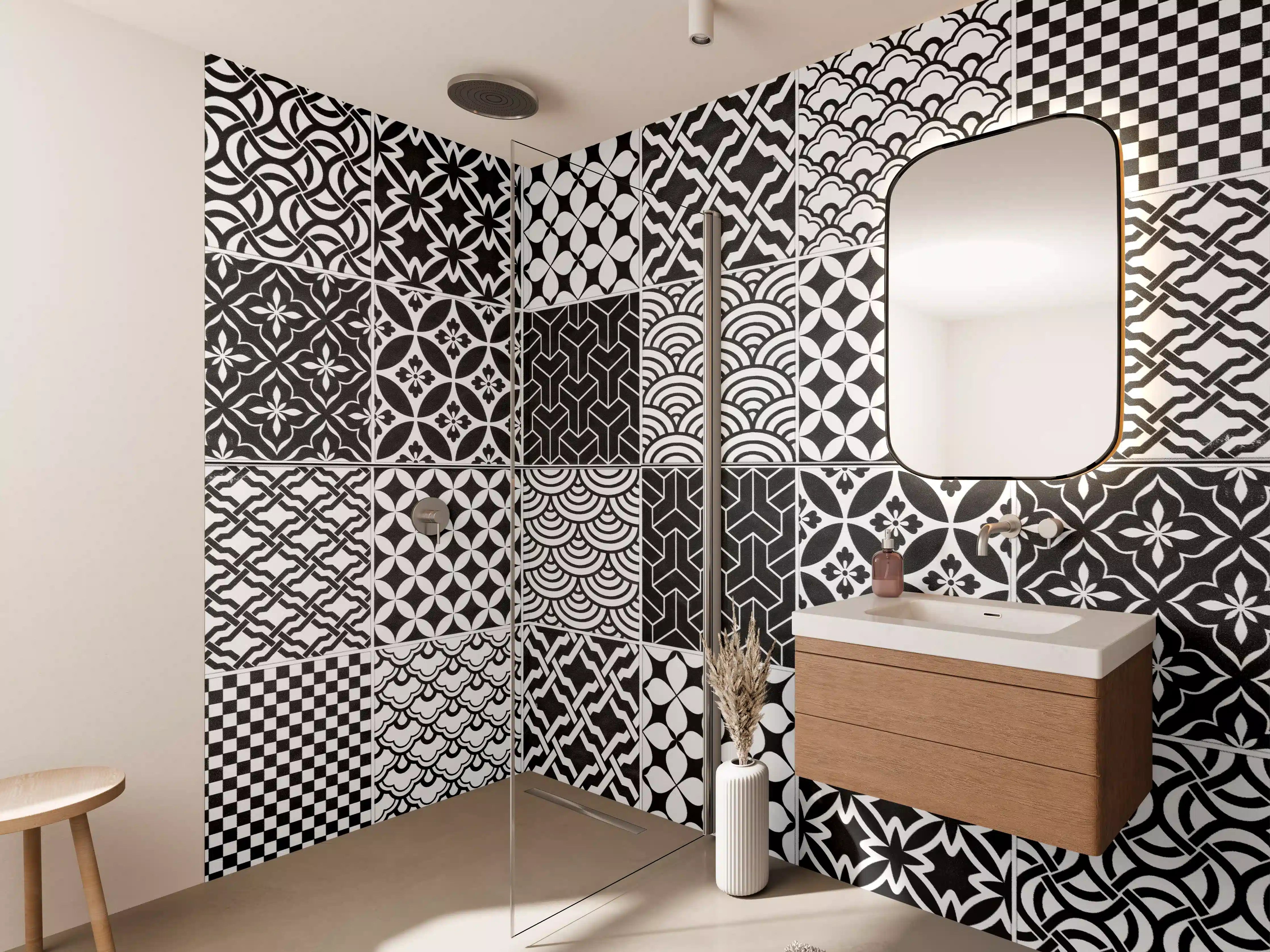 Wandverkleidung Bad - Grau-Weiß geometrisch Mosaik