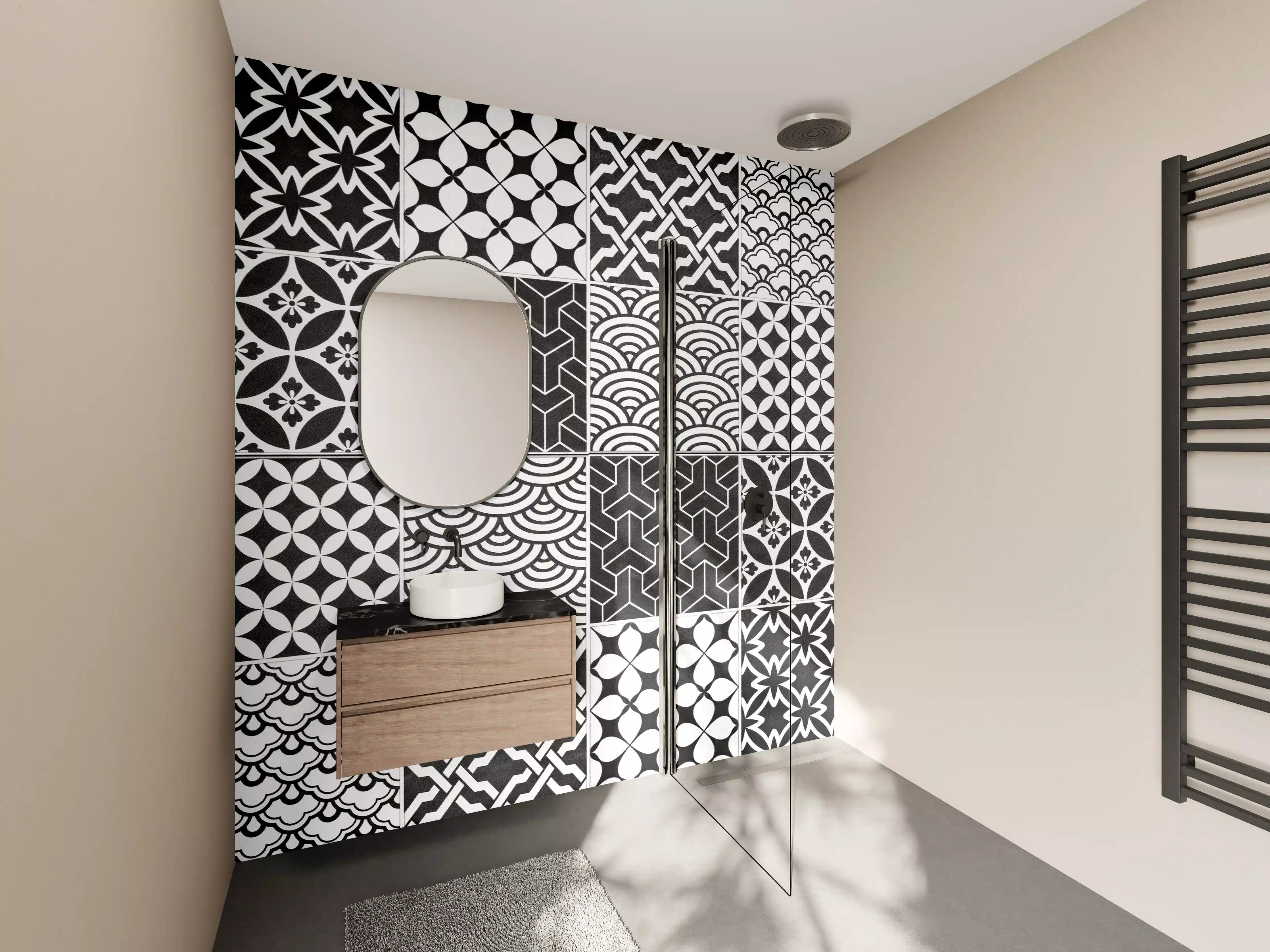 Wandverkleidung Bad - Grau-Weiß geometrisch Mosaik